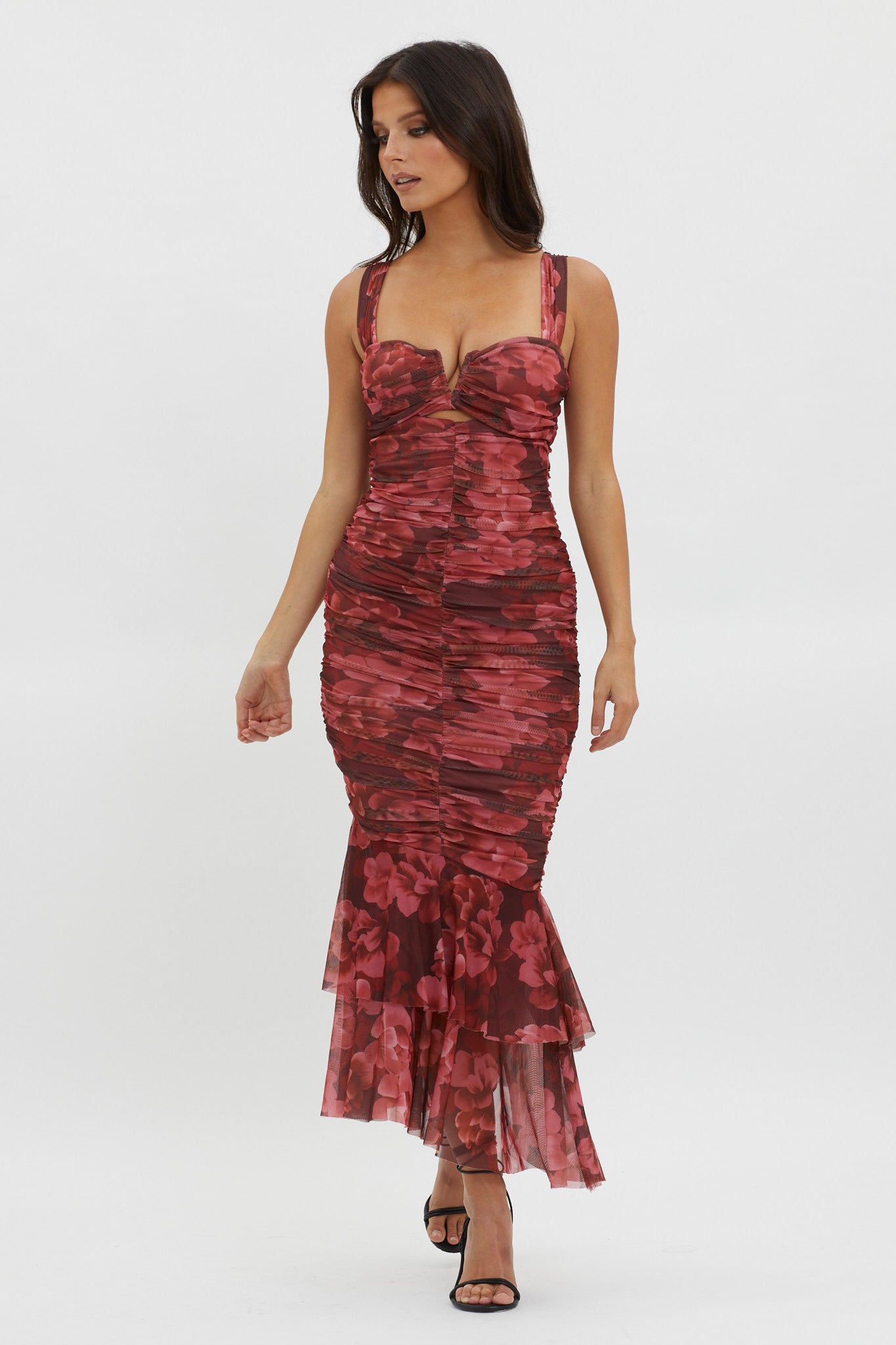Nadia Ruched Fishtail Midi Dress Floral Wine by Selfie Leslie Australia