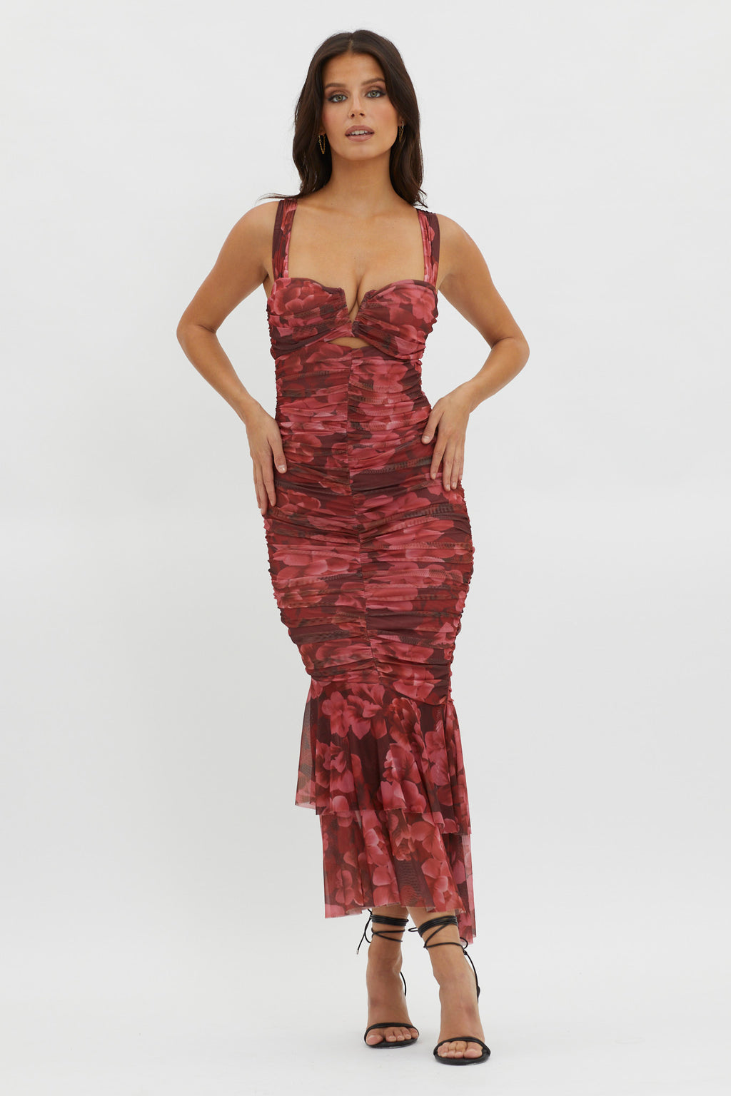 Nadia Ruched Fishtail Midi Dress Floral Wine by Selfie Leslie Australia