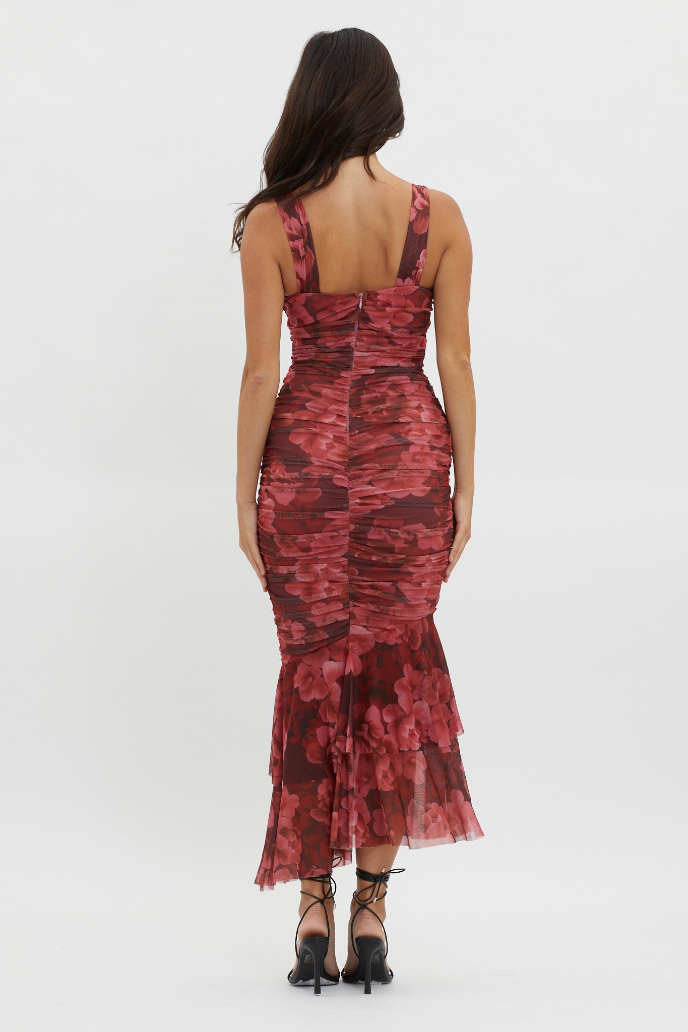 Nadia Ruched Fishtail Midi Dress Floral Wine by Selfie Leslie Australia