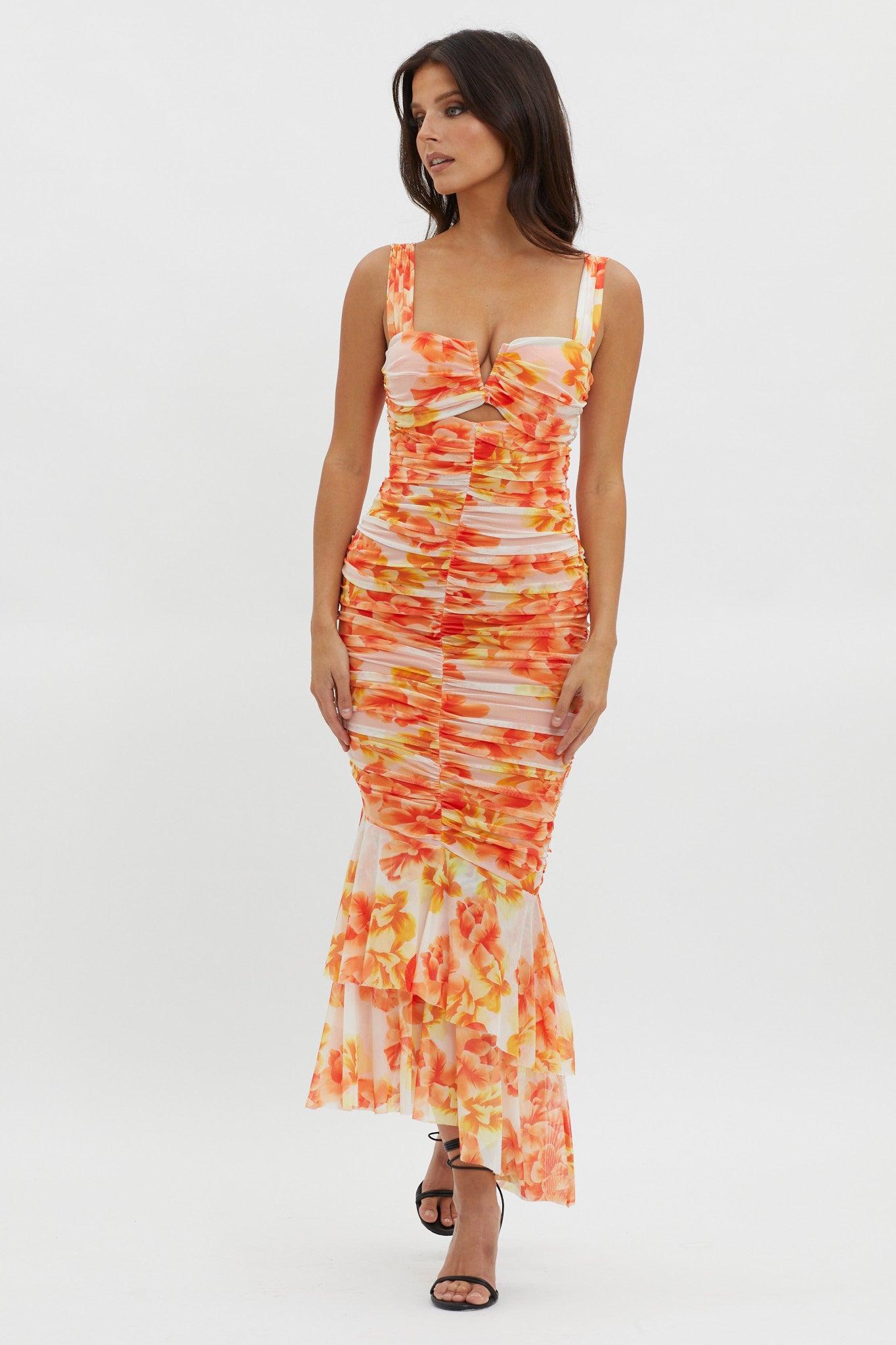 Nadia Ruched Fishtail Midi Dress Floral White by Selfie Leslie Australia