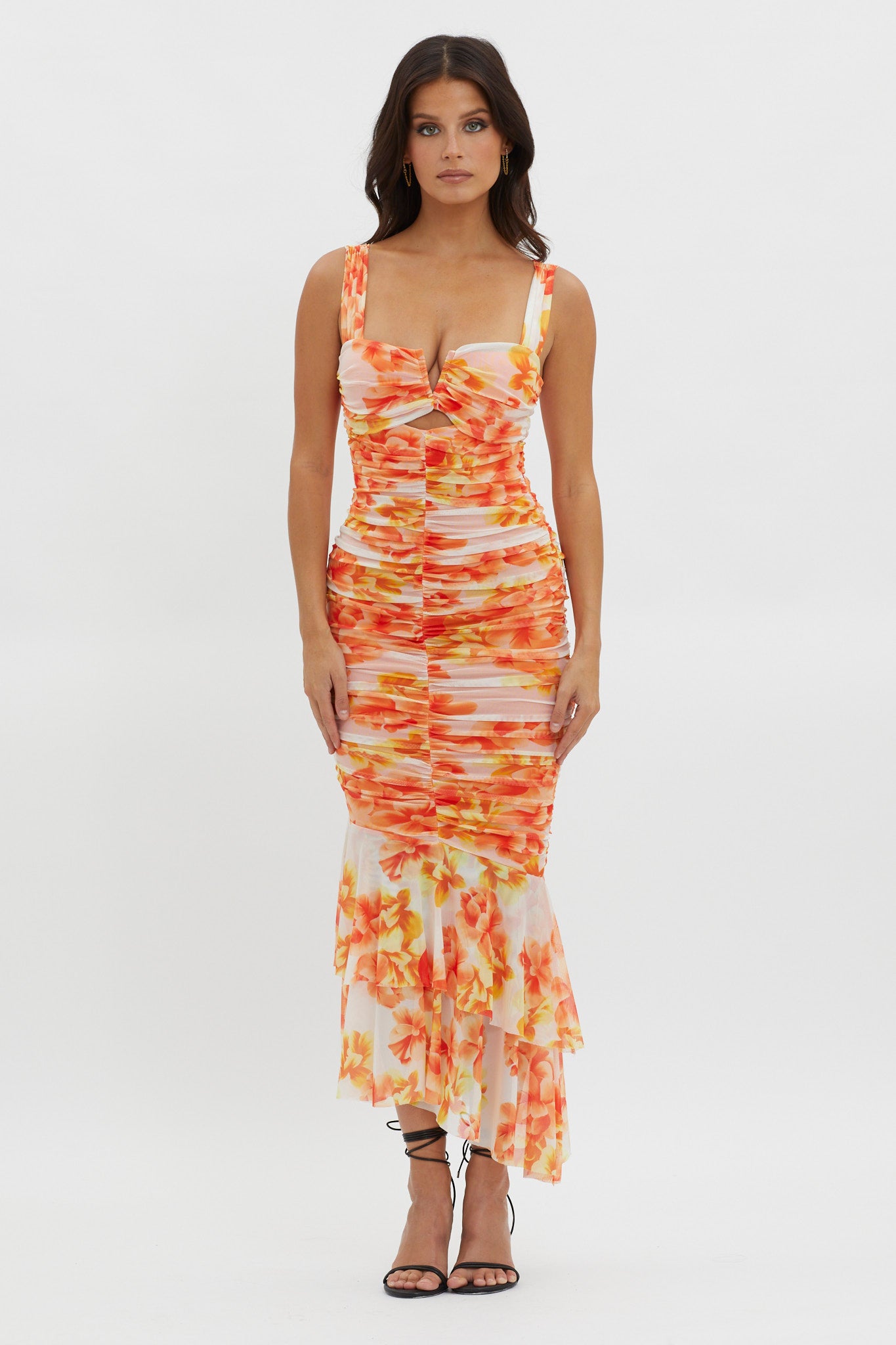 Nadia Ruched Fishtail Midi Dress Floral White by Selfie Leslie Australia