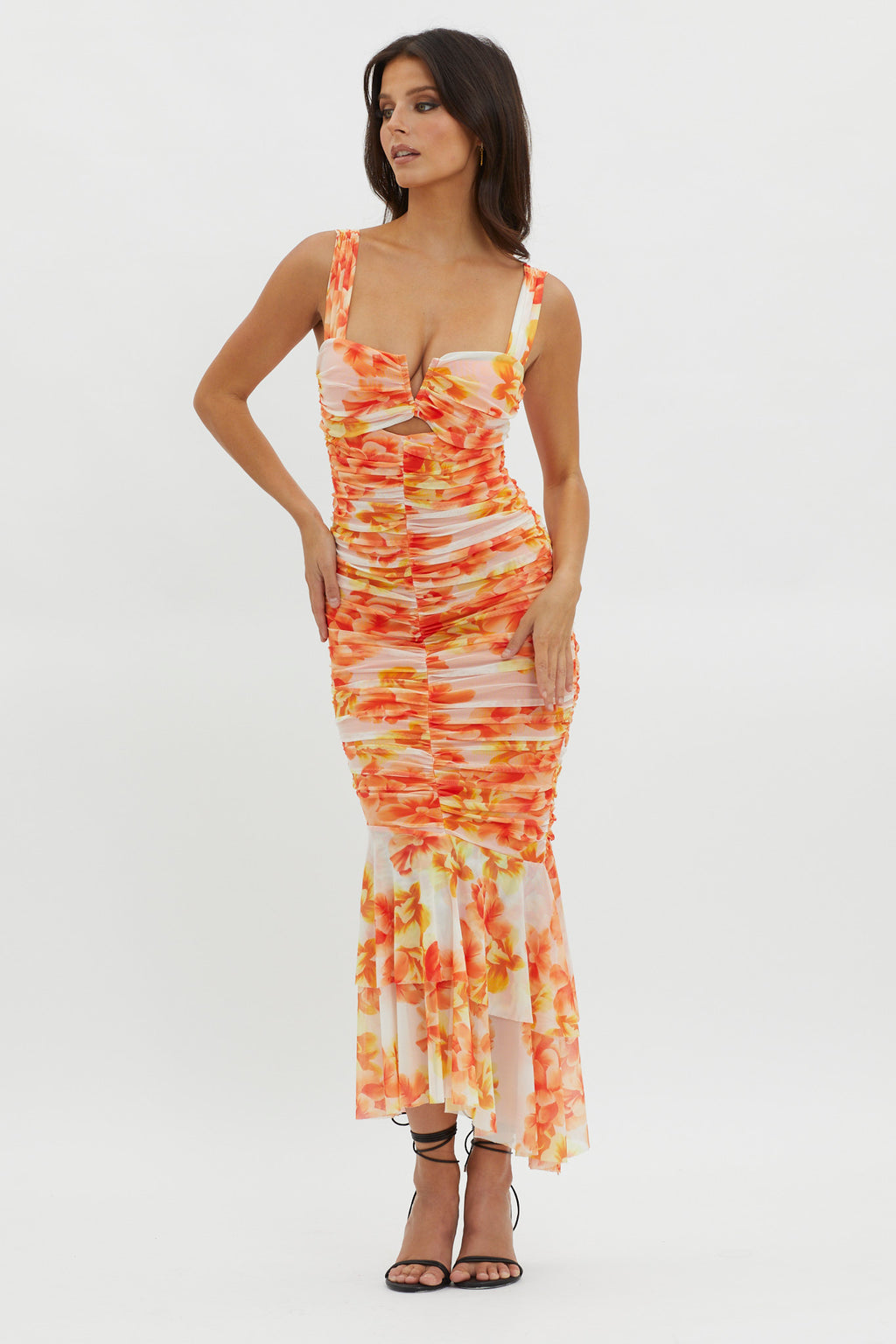 Nadia Ruched Fishtail Midi Dress Floral White by Selfie Leslie Australia