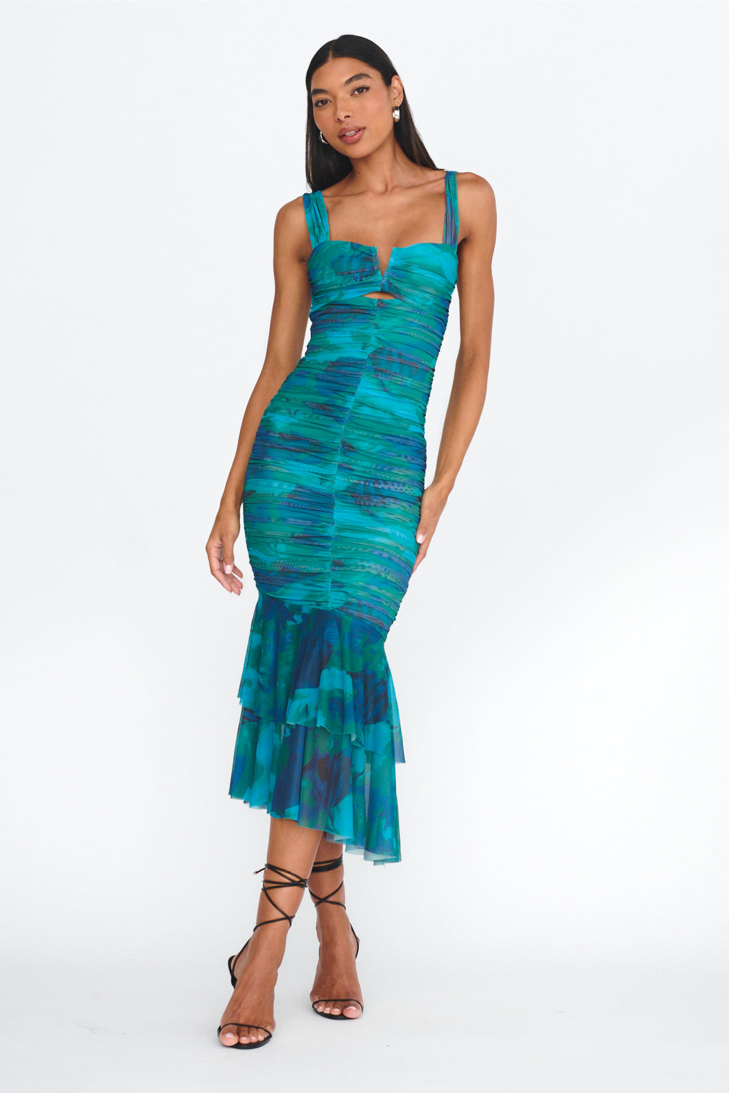 Nadia Ruched Fishtail Midi Dress Abstract Green by Selfie Leslie Australia