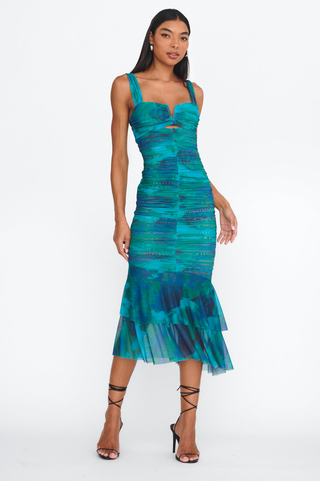 Nadia Ruched Fishtail Midi Dress Abstract Green by Selfie Leslie Australia