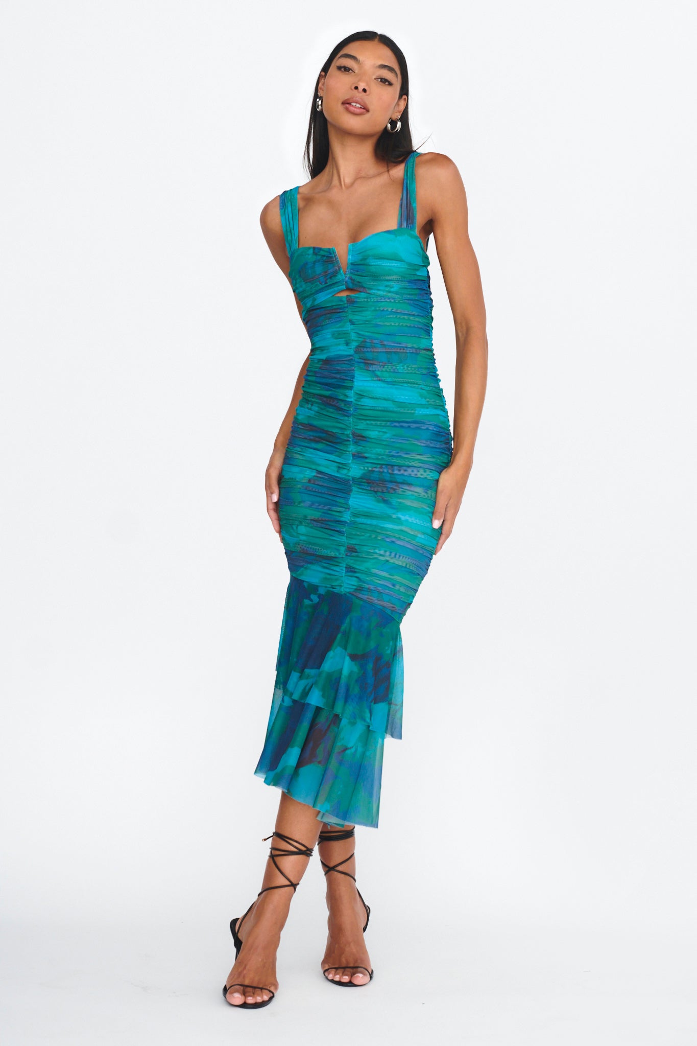 Nadia Ruched Fishtail Midi Dress Abstract Green by Selfie Leslie Australia