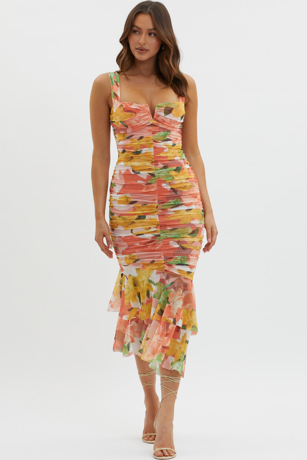 Nadia Ruched Fishtail Midi Dress Floral Orange by Selfie Leslie Australia