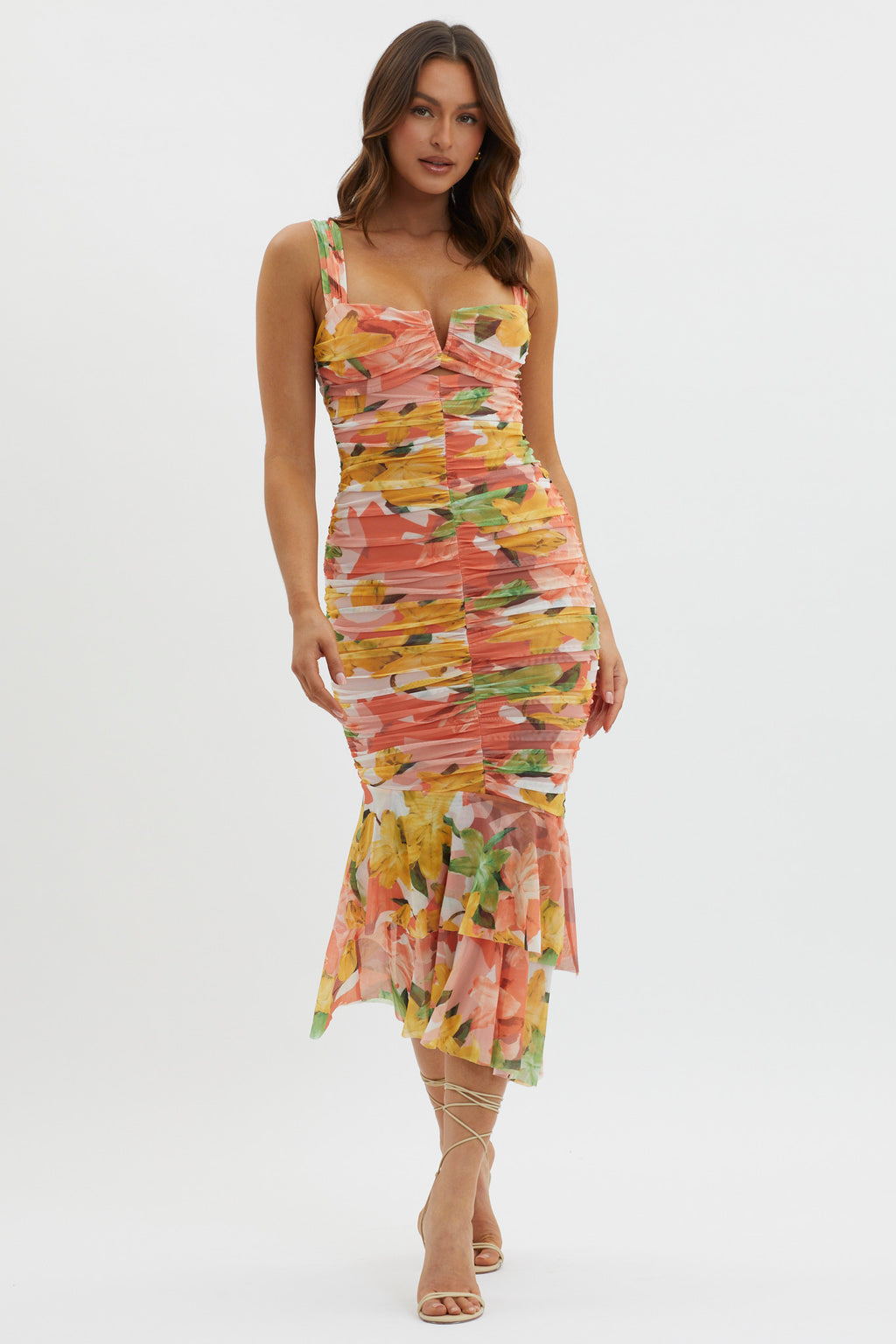 Nadia Ruched Fishtail Midi Dress Floral Orange by Selfie Leslie Australia