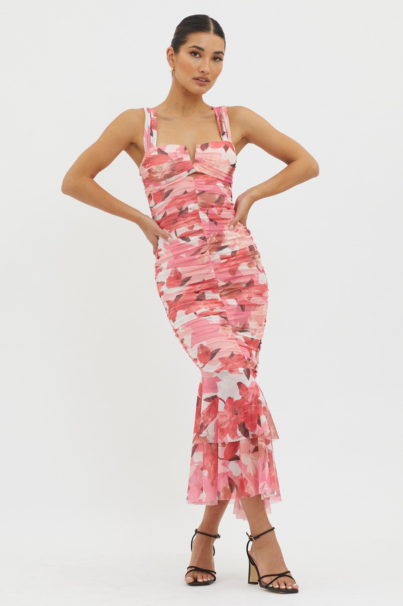 Nadia Ruched Fishtail Midi Dress Floral Pink by Selfie Leslie Australia