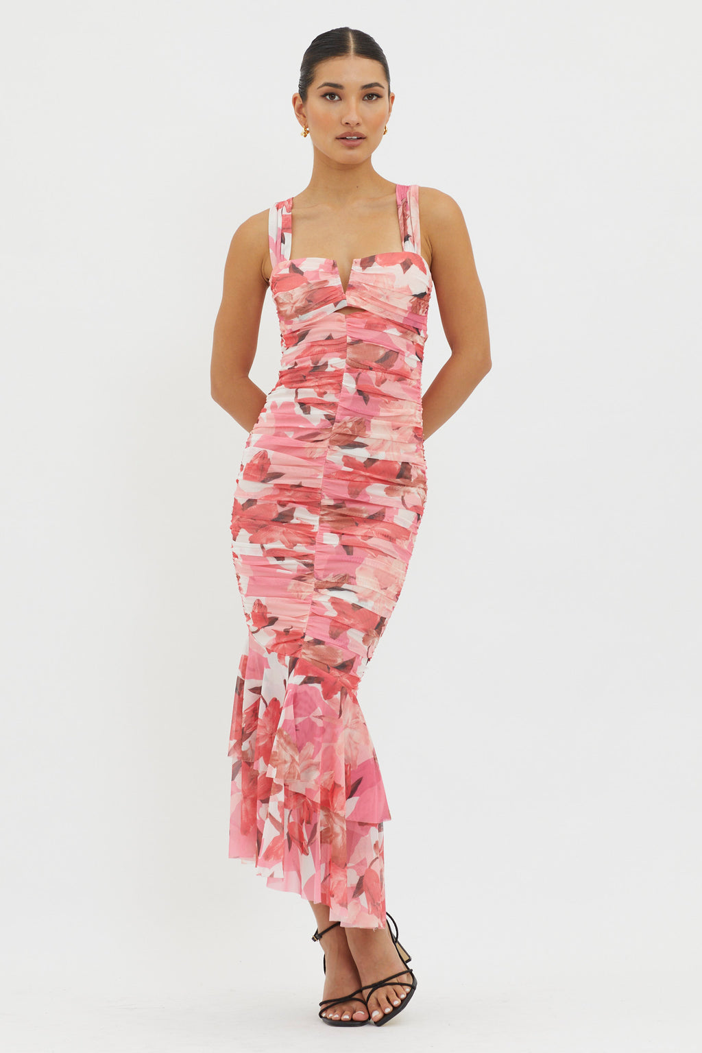 Nadia Ruched Fishtail Midi Dress Floral Pink by Selfie Leslie Australia