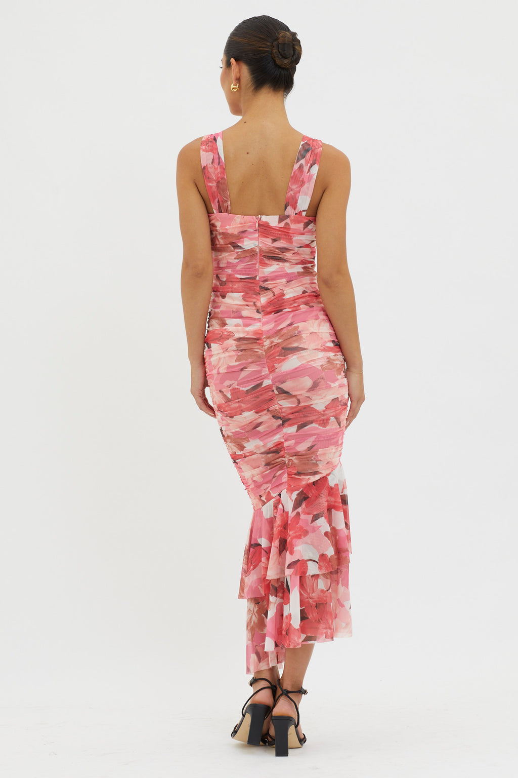 Nadia Ruched Fishtail Midi Dress Floral Pink by Selfie Leslie Australia
