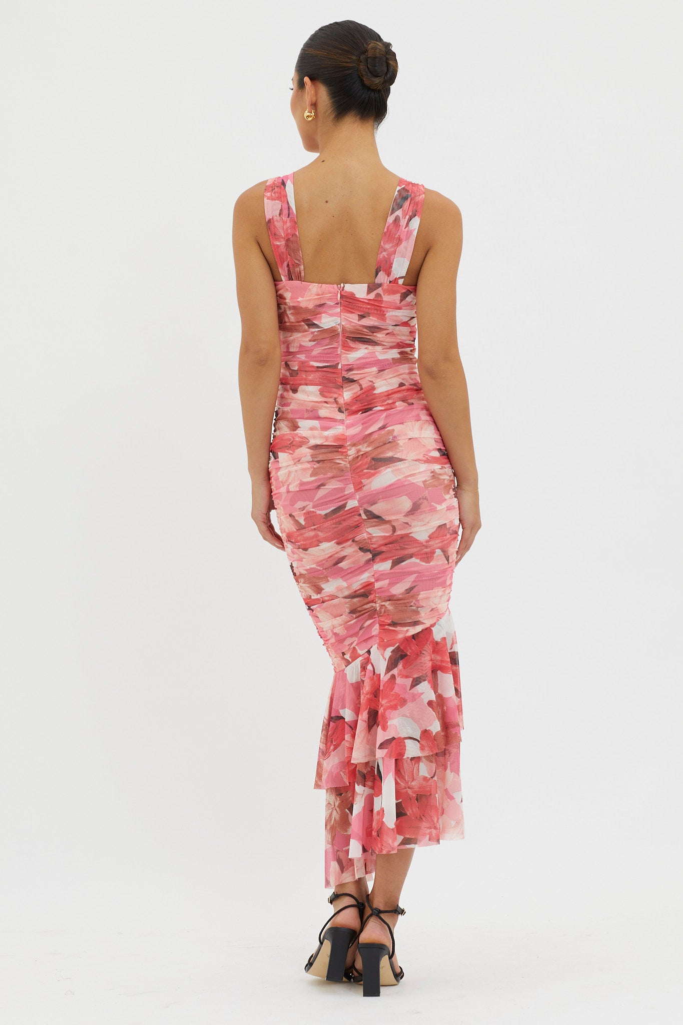 Nadia Ruched Fishtail Midi Dress Floral Pink by Selfie Leslie Australia