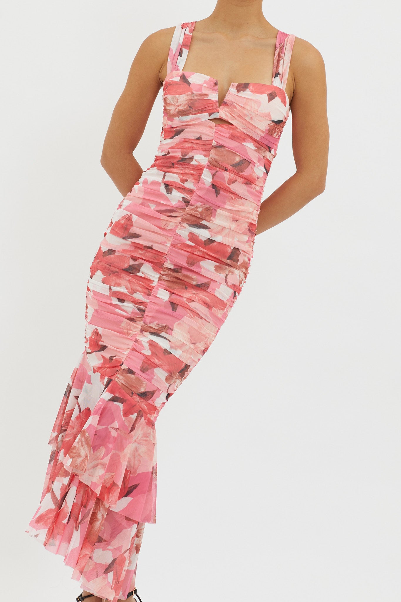 Nadia Ruched Fishtail Midi Dress Floral Pink by Selfie Leslie Australia