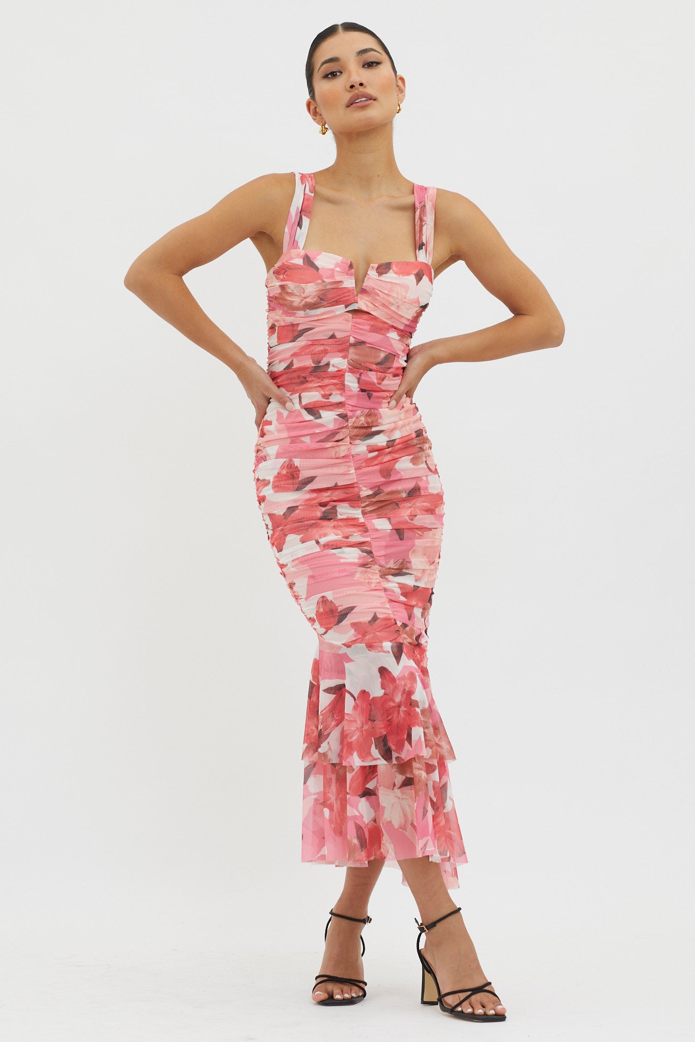 Nadia Ruched Fishtail Midi Dress Floral Pink by Selfie Leslie Australia