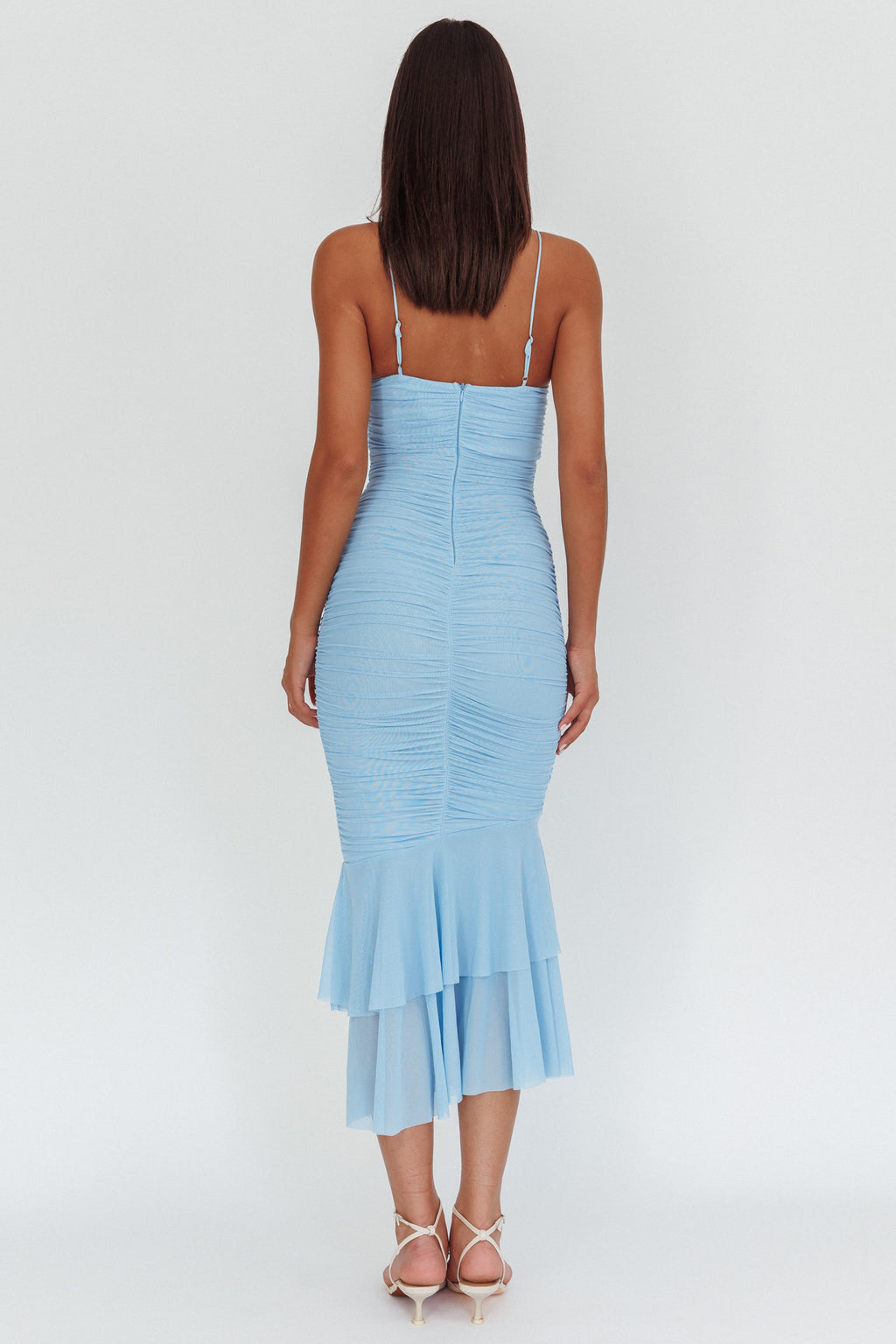 Nadia Ruffle Neckline Ruched Midi Dress Blue by Selfie Leslie Australia