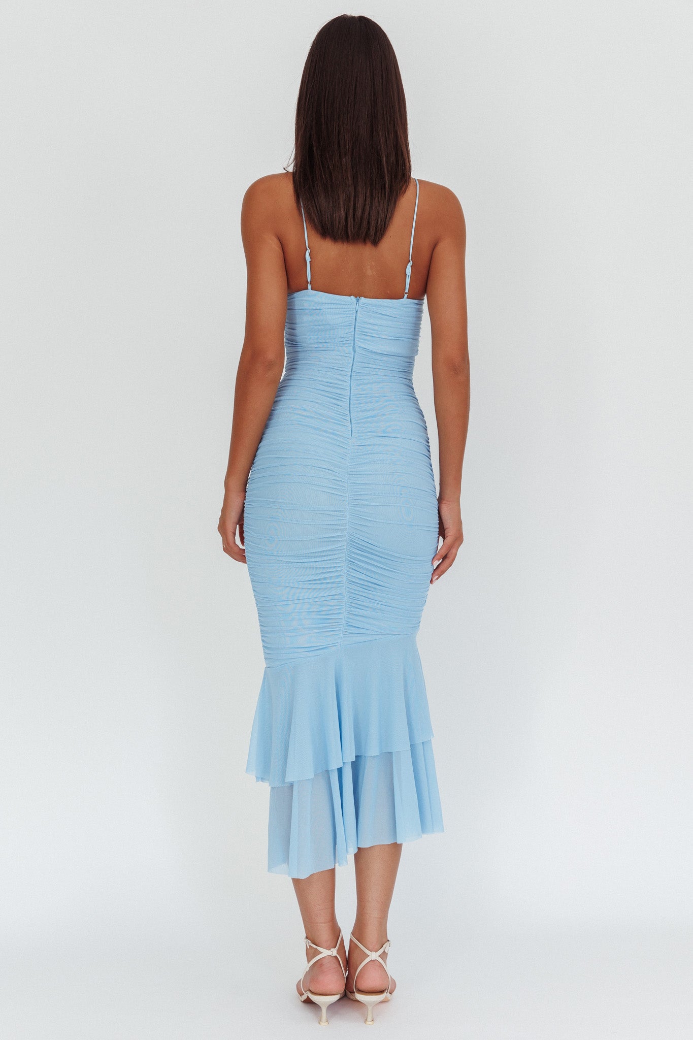 Nadia Ruffle Neckline Ruched Midi Dress Blue by Selfie Leslie Australia