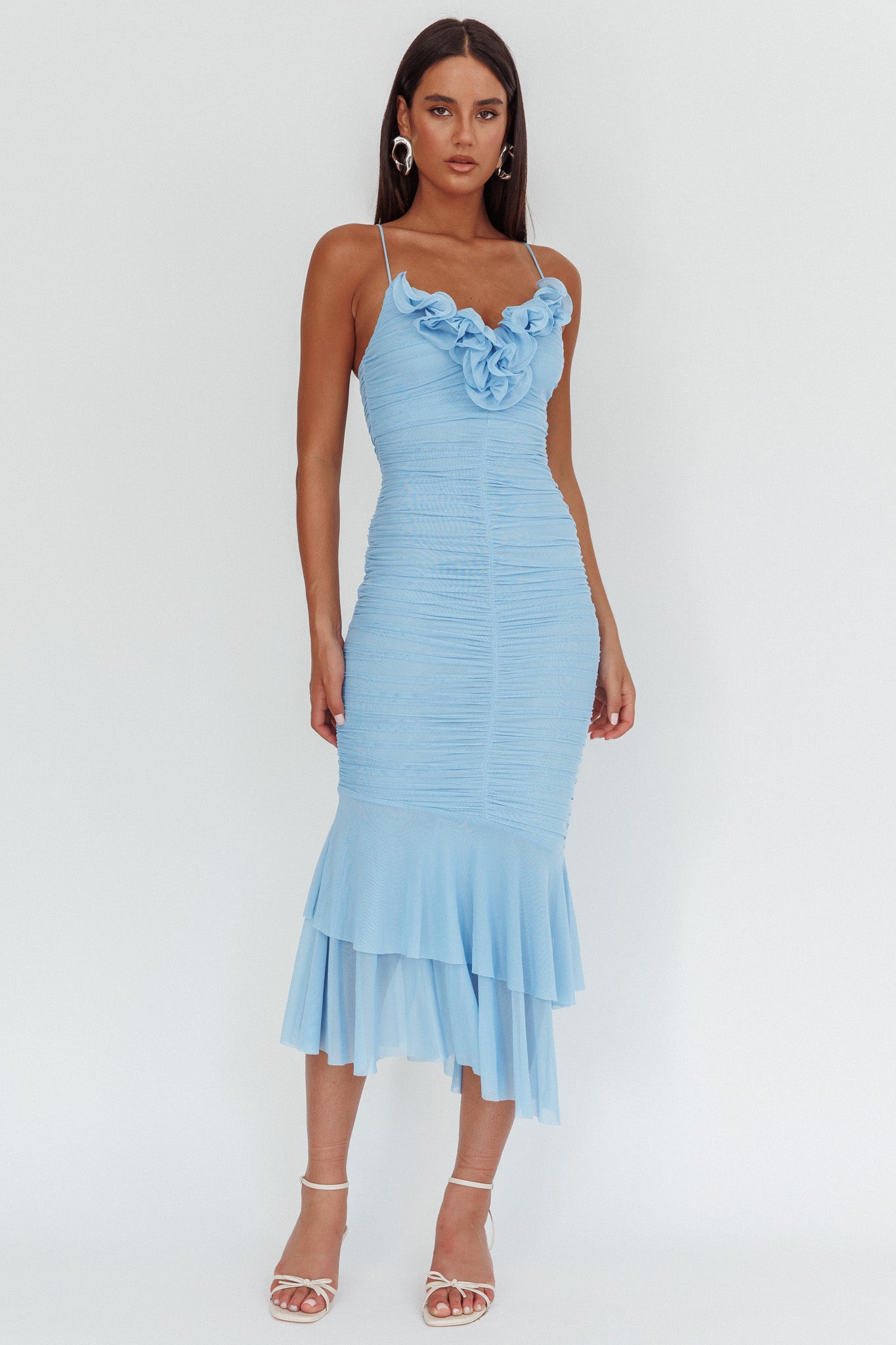 Nadia Ruffle Neckline Ruched Midi Dress Blue by Selfie Leslie Australia