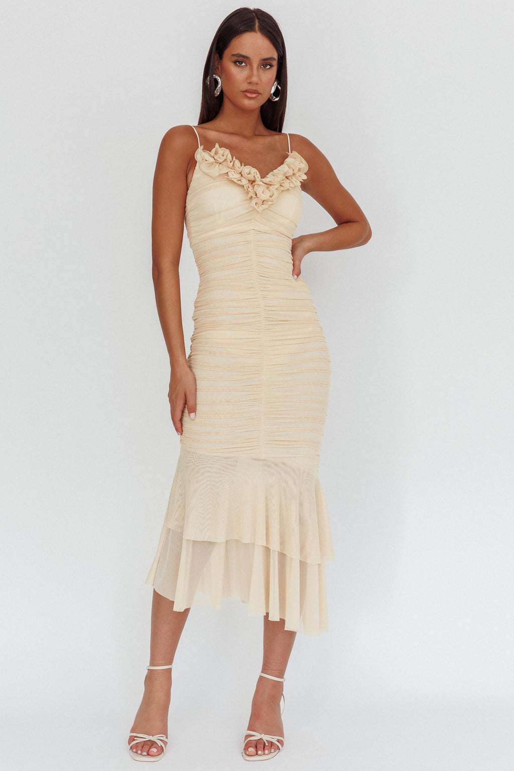 Nadia Ruffle Neckline Ruched Midi Dress Butter by Selfie Leslie Australia