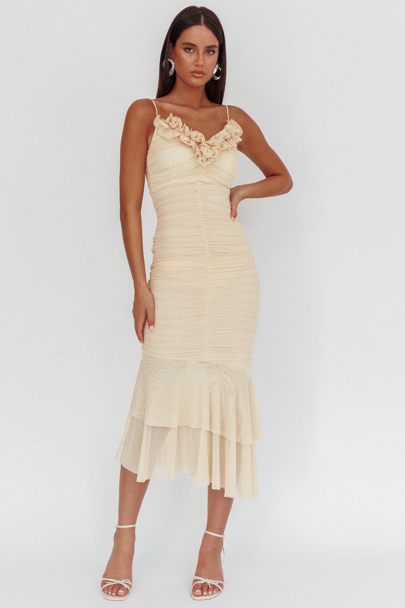 Nadia Ruffle Neckline Ruched Midi Dress Butter by Selfie Leslie Australia