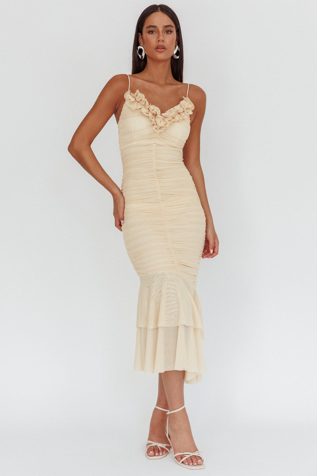 Nadia Ruffle Neckline Ruched Midi Dress Butter by Selfie Leslie Australia