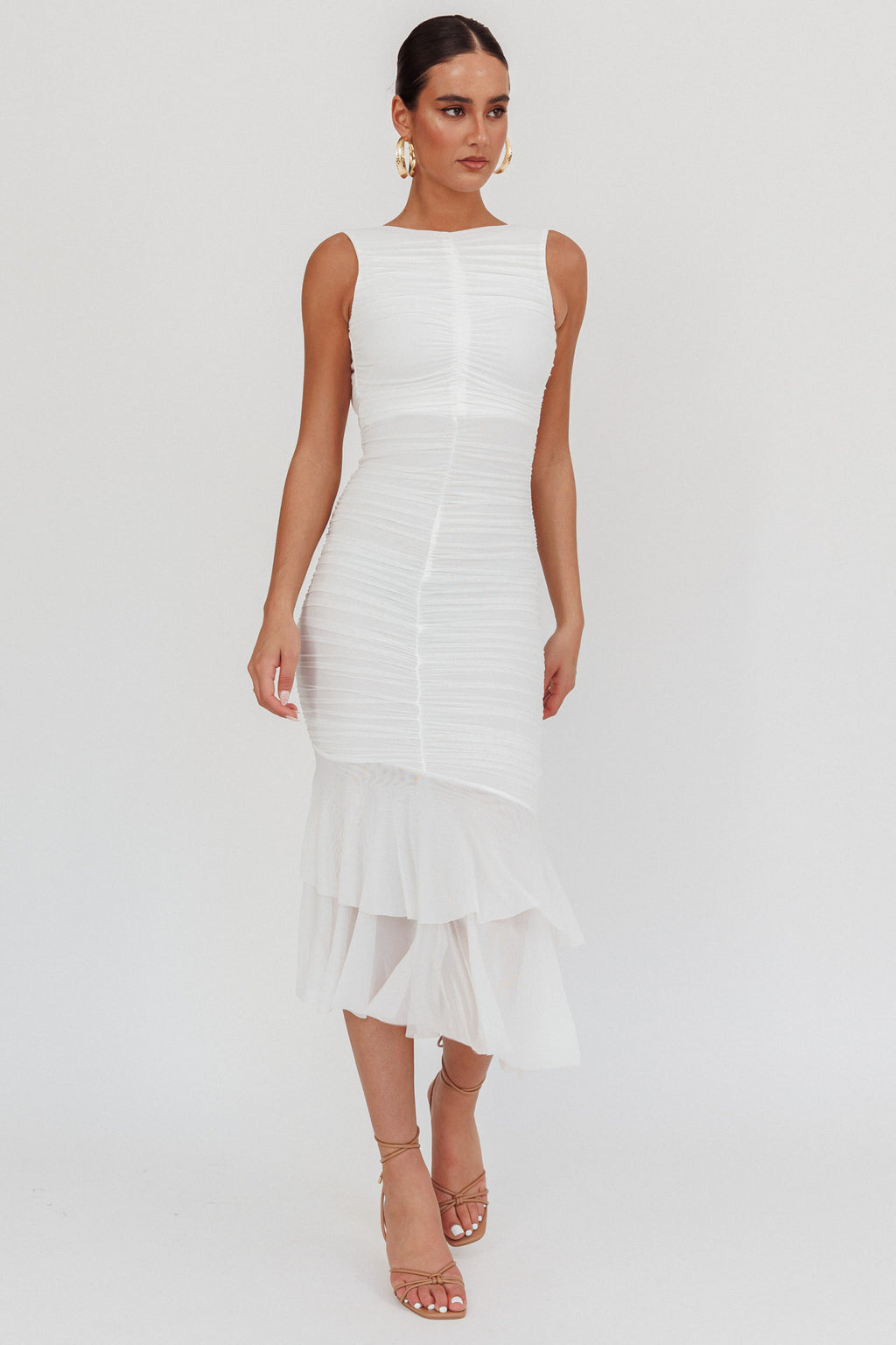 Nadia Sleeveless Ruched Midi Dress White by Selfie Leslie Australia