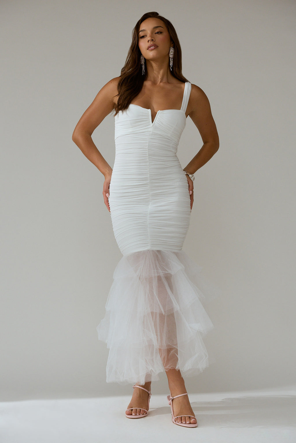 Nadia Tulle Hem Ruched Maxi Dress White by Selfie Leslie Australia
