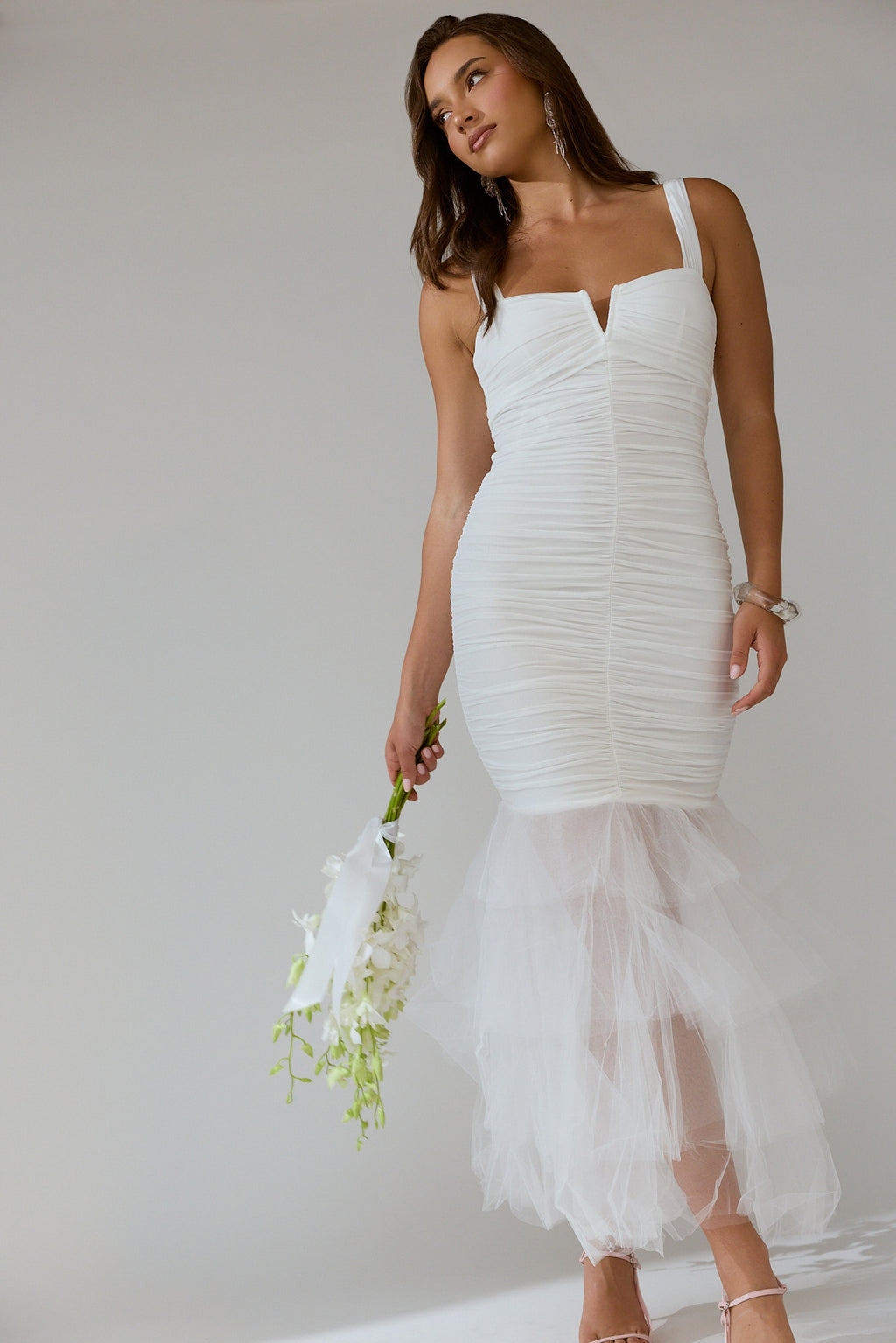 Nadia Tulle Hem Ruched Maxi Dress White by Selfie Leslie Australia