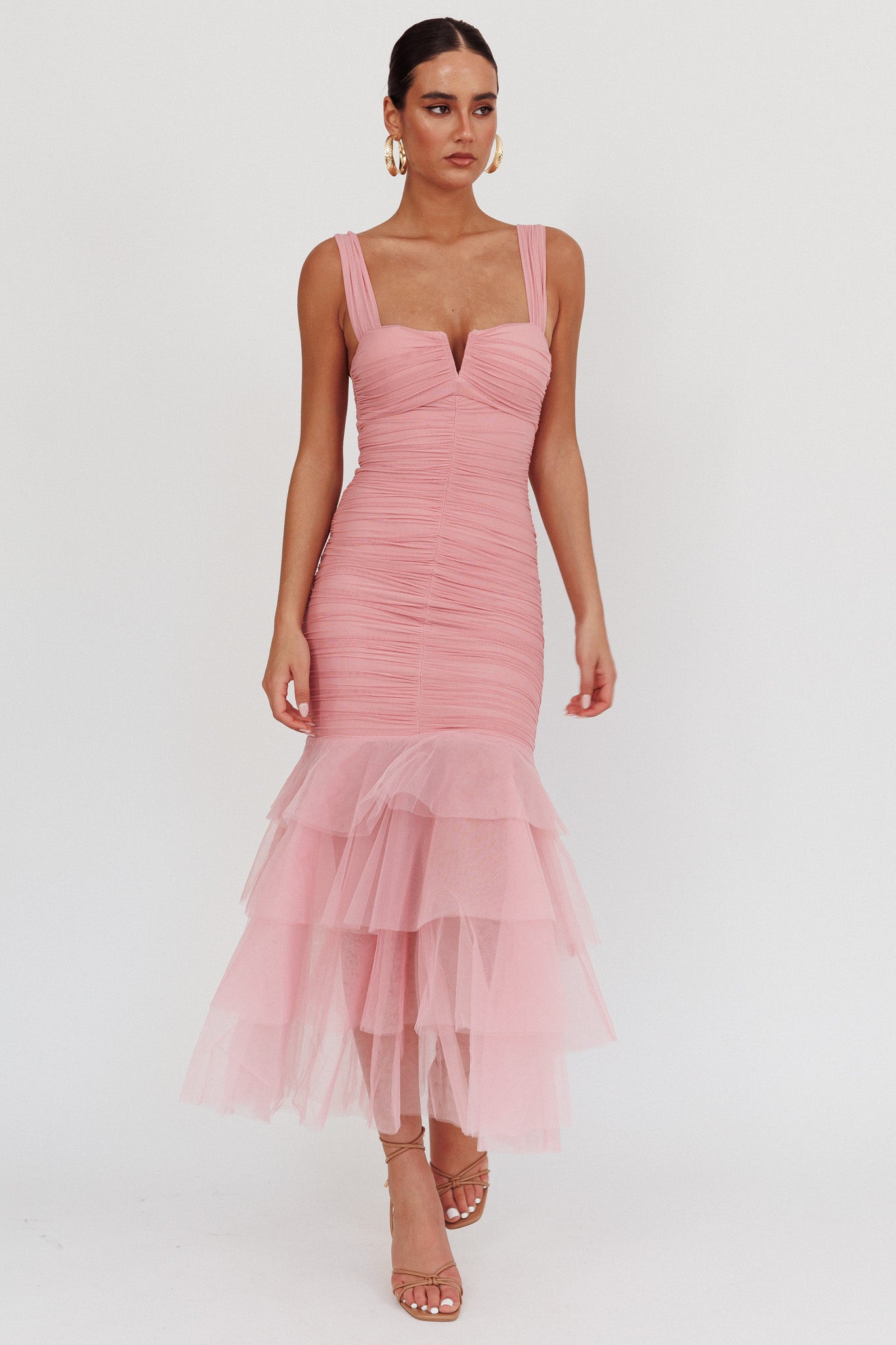Nadia Tulle Hem Ruched Maxi Dress Pink by Selfie Leslie Australia