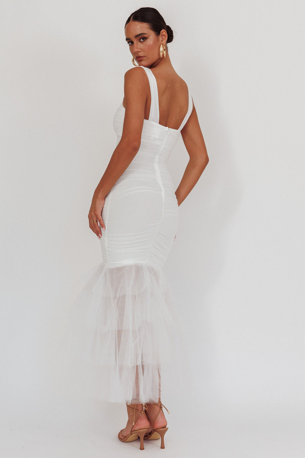 Nadia Tulle Hem Ruched Maxi Dress White by Selfie Leslie Australia