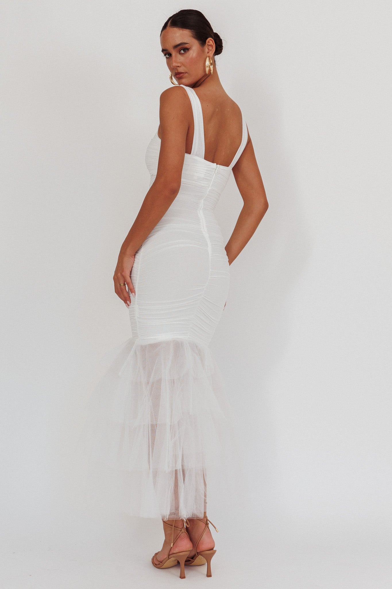 Nadia Tulle Hem Ruched Maxi Dress White by Selfie Leslie Australia