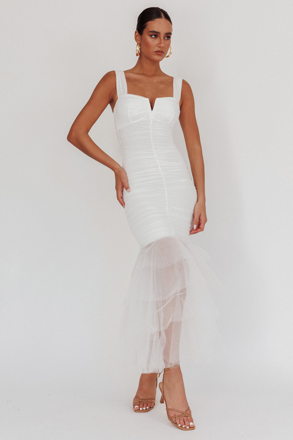 Nadia Tulle Hem Ruched Maxi Dress White by Selfie Leslie Australia