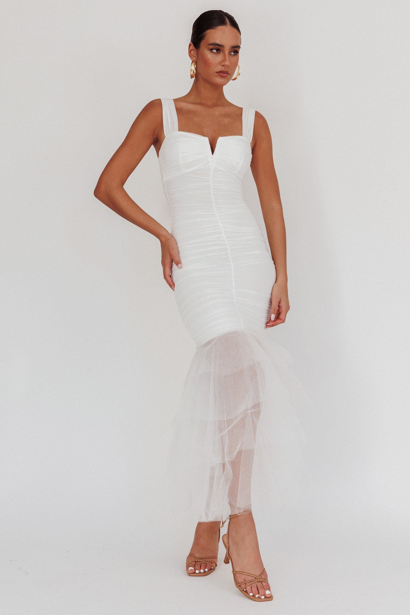 Nadia Tulle Hem Ruched Maxi Dress White by Selfie Leslie Australia