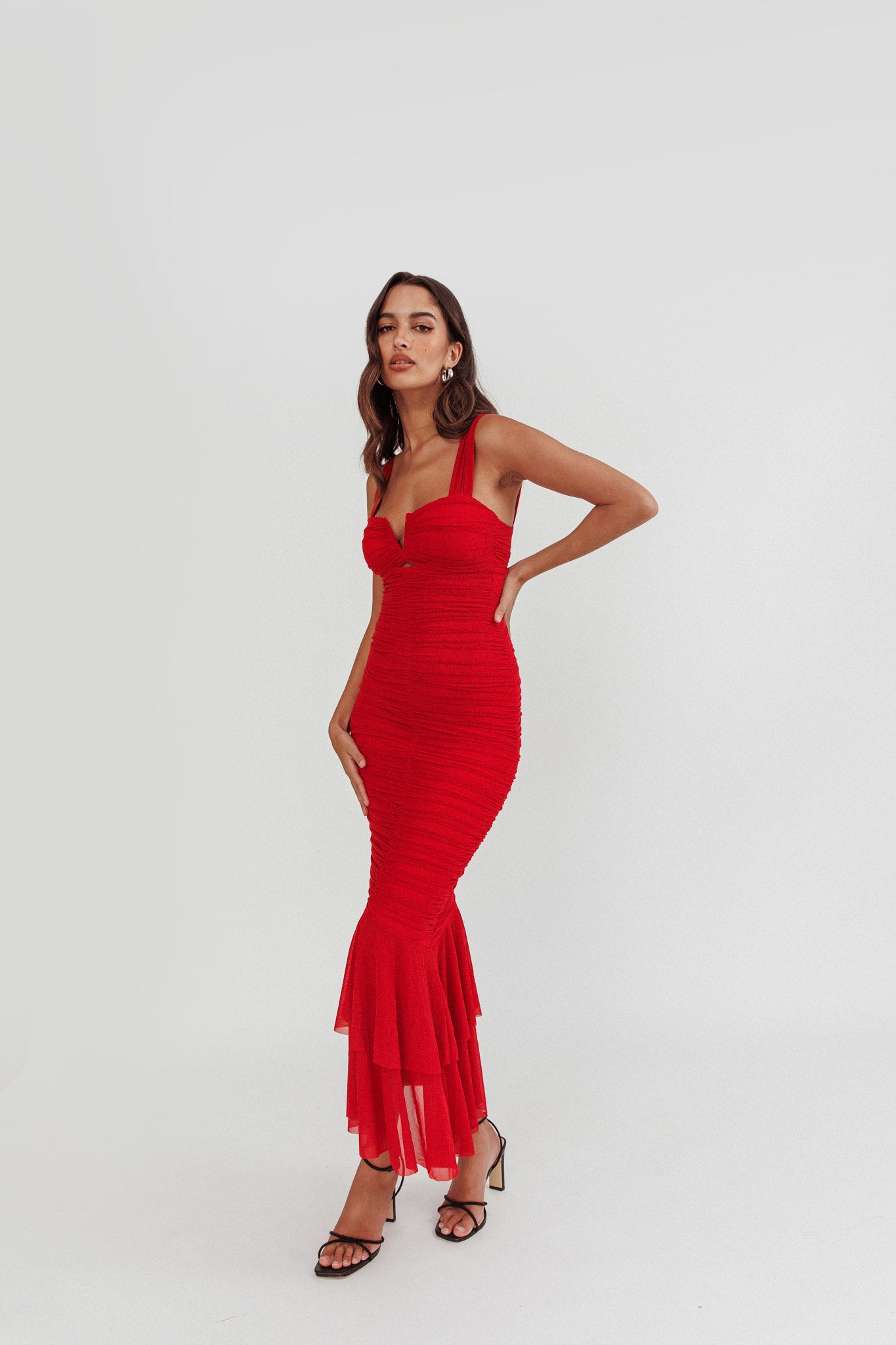 Nadia Ruched Fishtail Maxi Dress Red by Selfie Leslie Australia