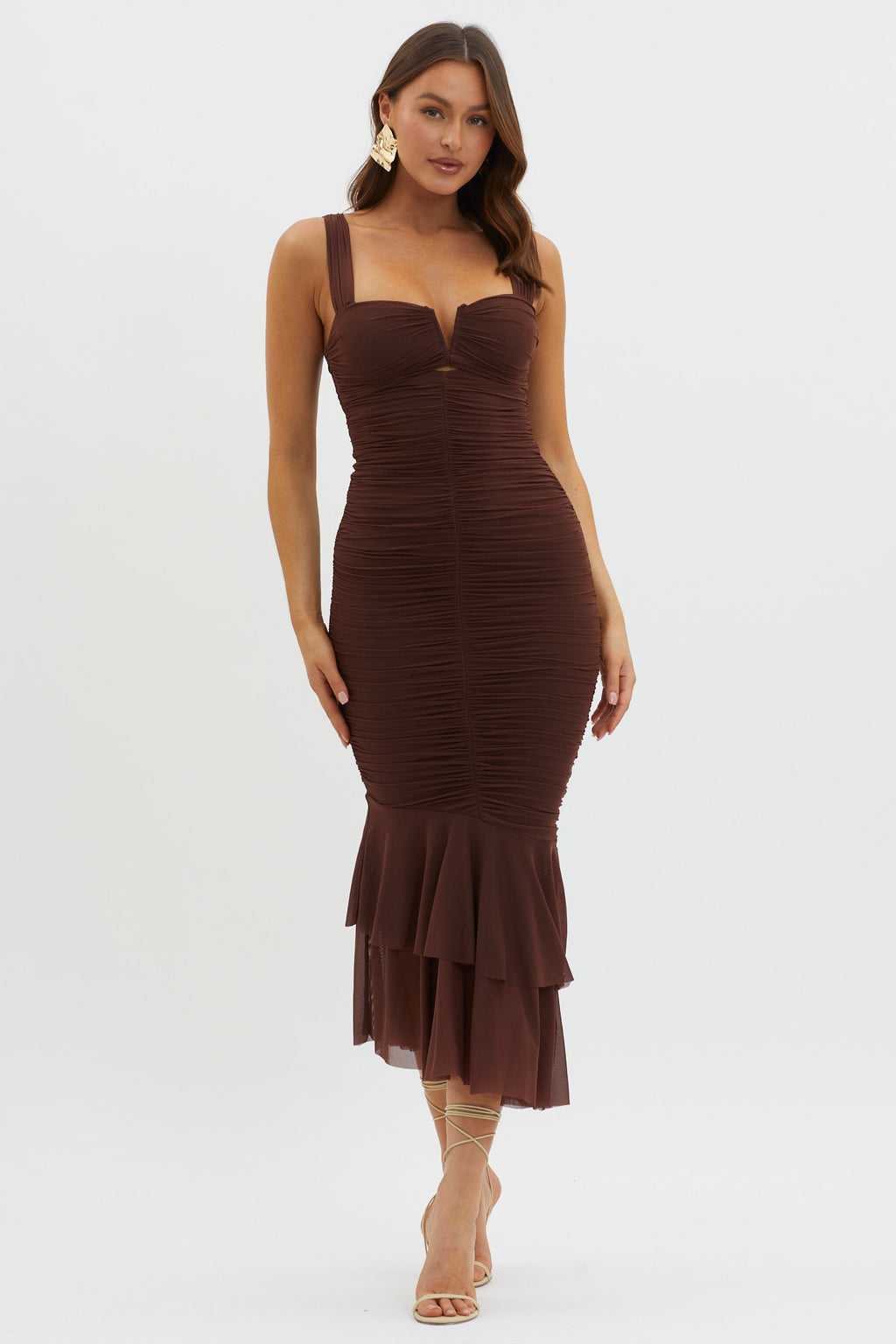 Nadia Ruched Fishtail Maxi Dress Chocolate by Selfie Leslie Australia