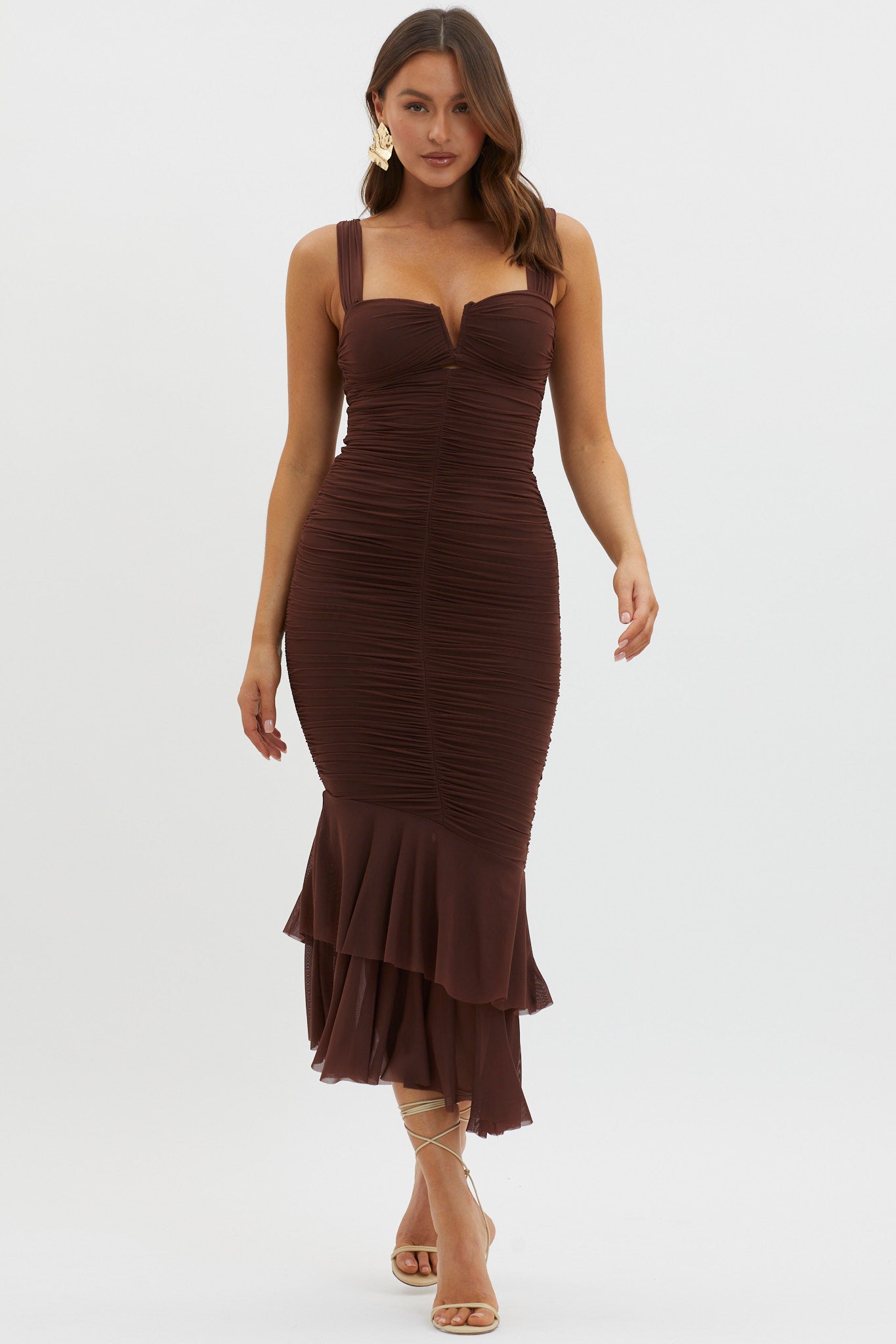 Nadia Ruched Fishtail Maxi Dress Chocolate by Selfie Leslie Australia