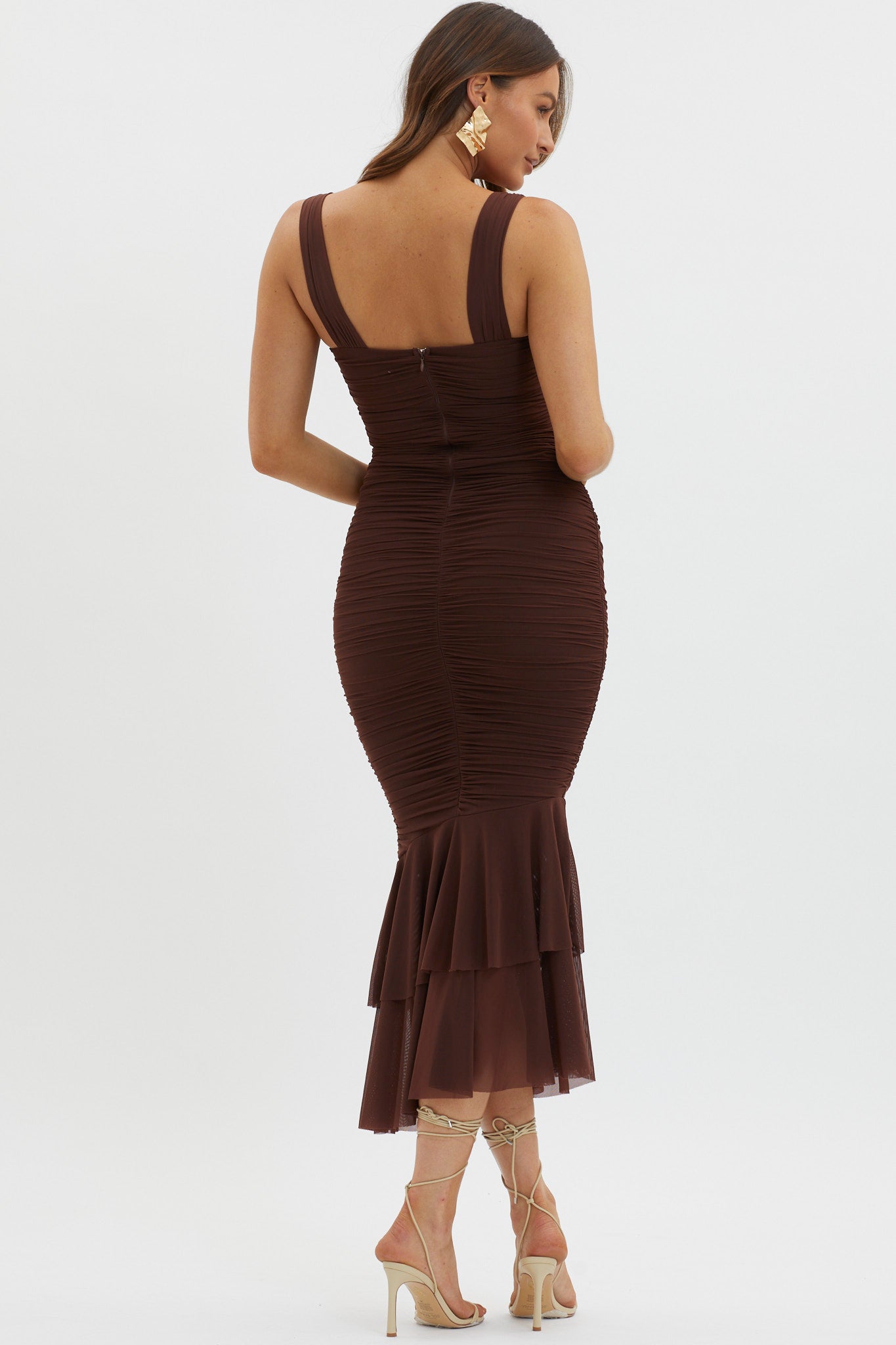 Nadia Ruched Fishtail Maxi Dress Chocolate by Selfie Leslie Australia