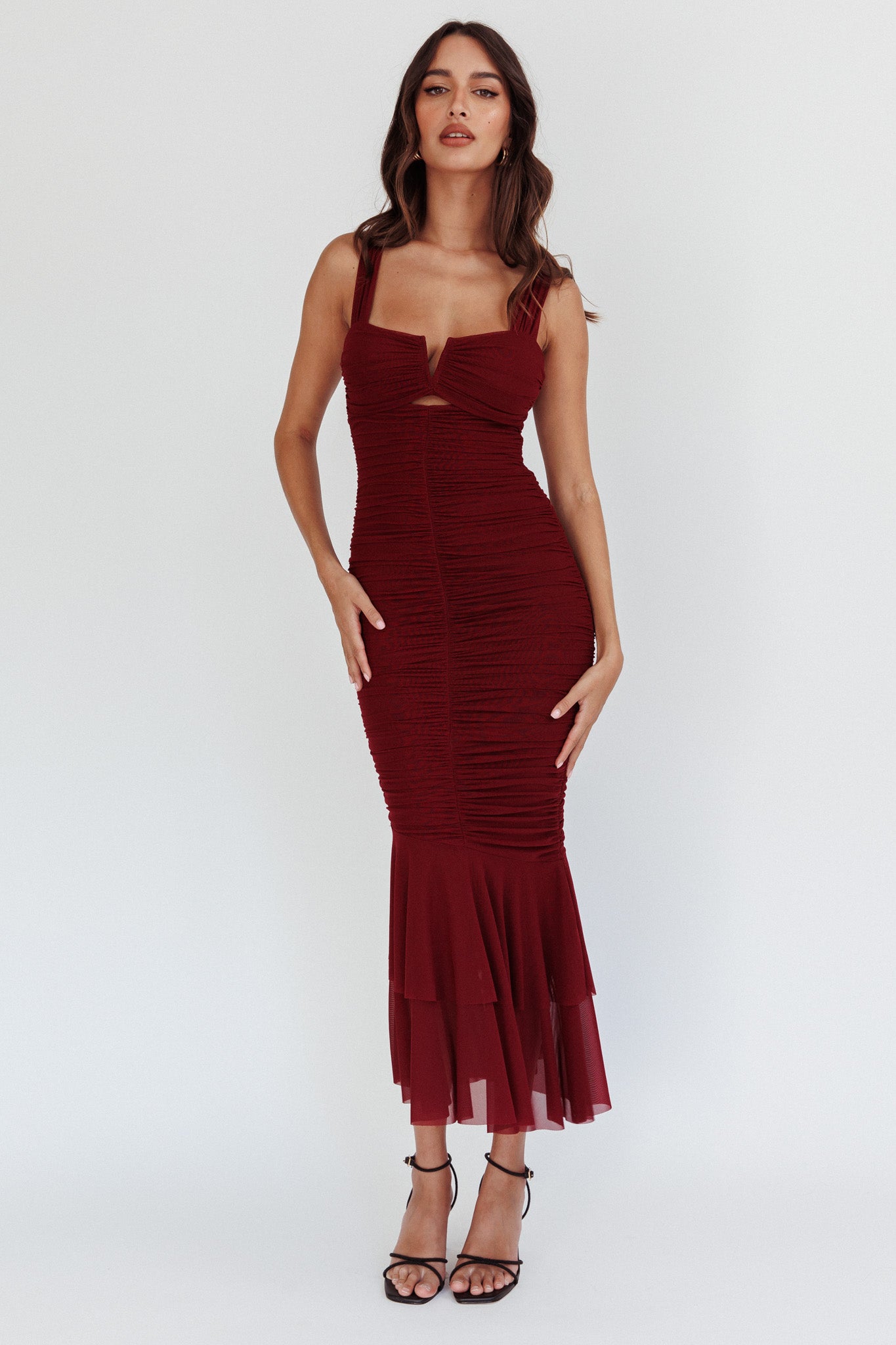 Nadia Ruched Fishtail Maxi Dress Dark Mauve by Selfie Leslie Australia