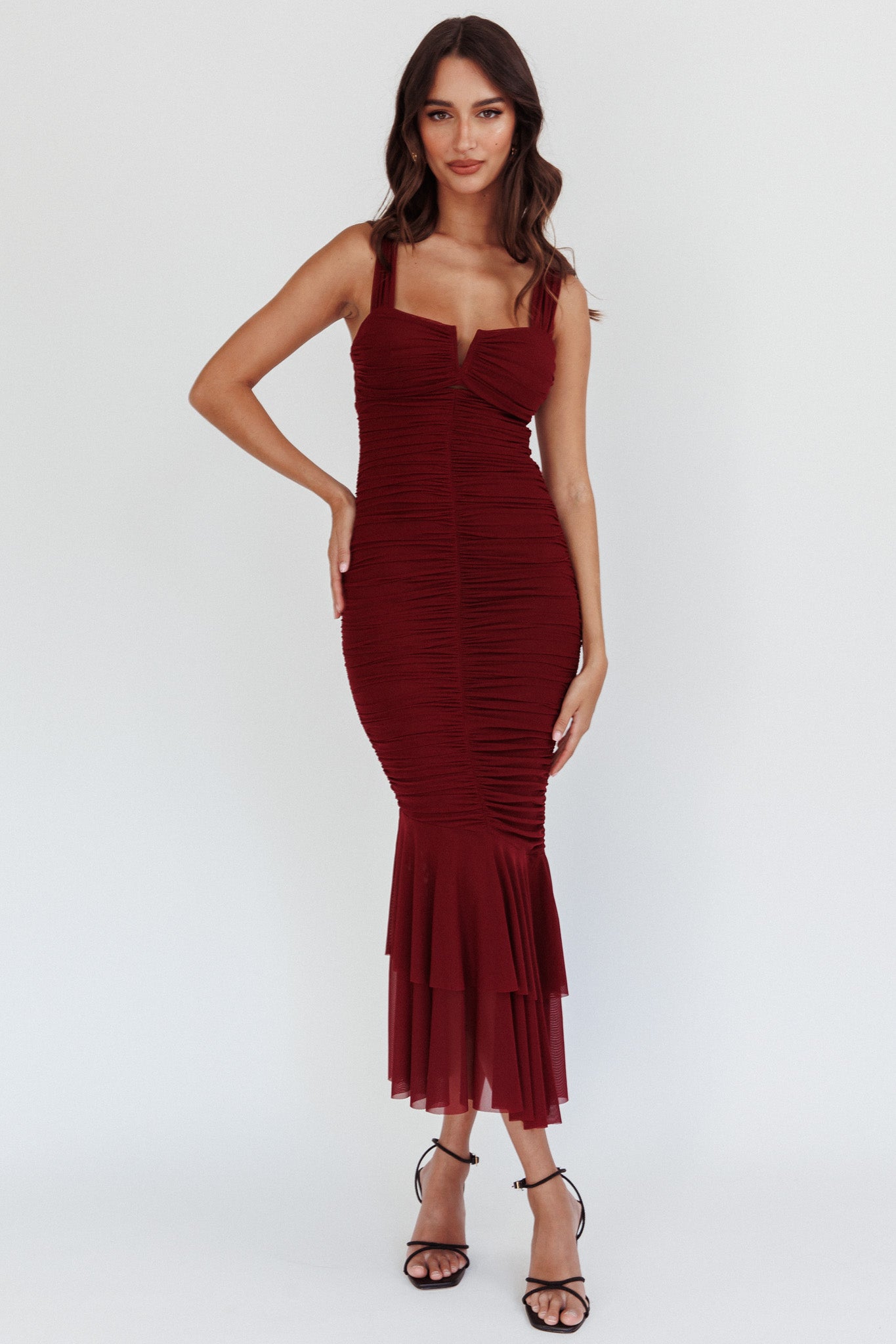 Nadia Ruched Fishtail Maxi Dress Dark Mauve by Selfie Leslie Australia