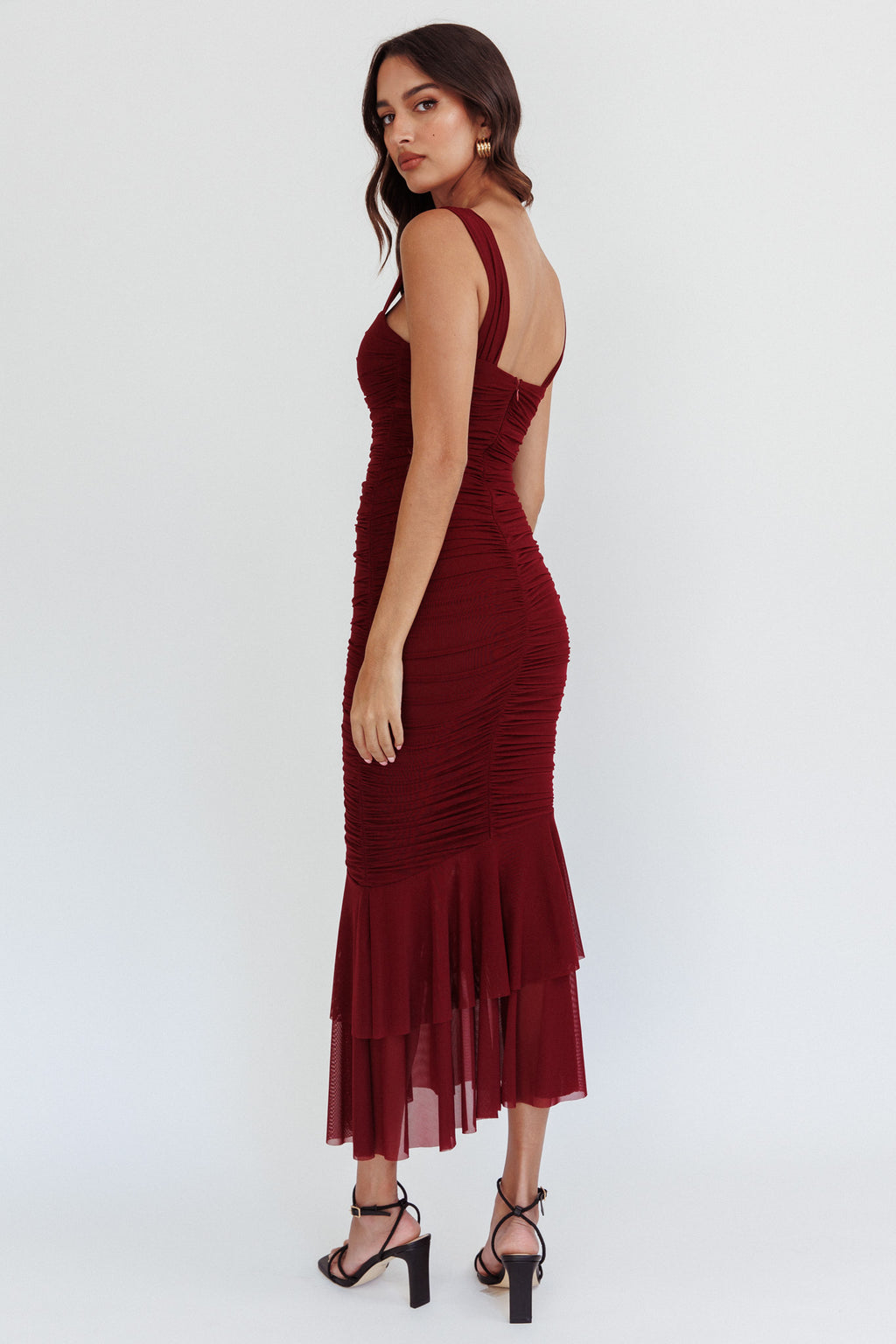Nadia Ruched Fishtail Maxi Dress Dark Mauve by Selfie Leslie Australia