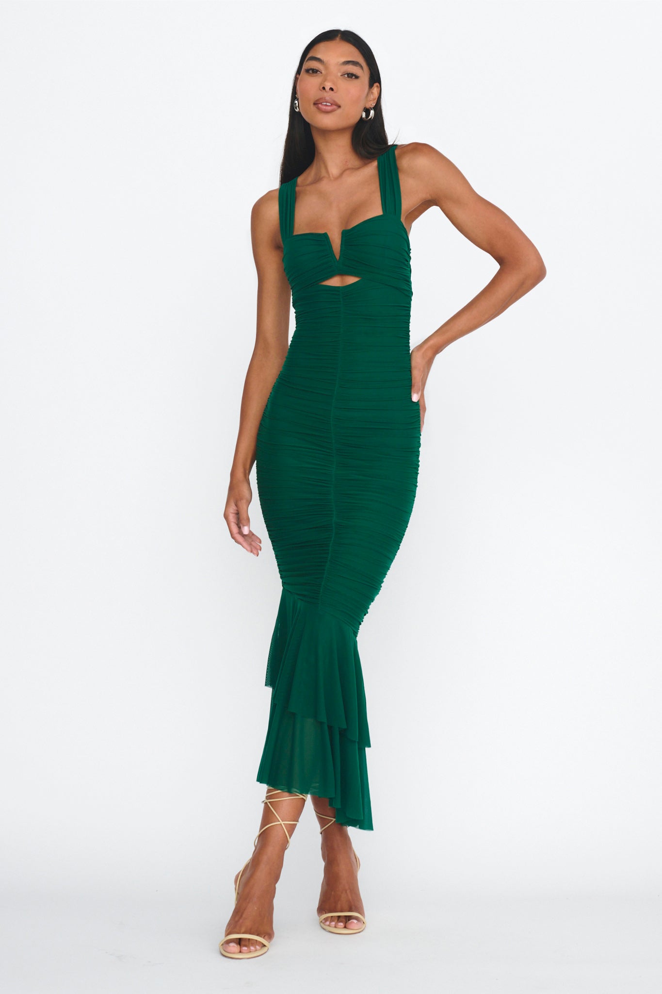 Nadia Ruched Fishtail Maxi Dress Green by Selfie Leslie Australia