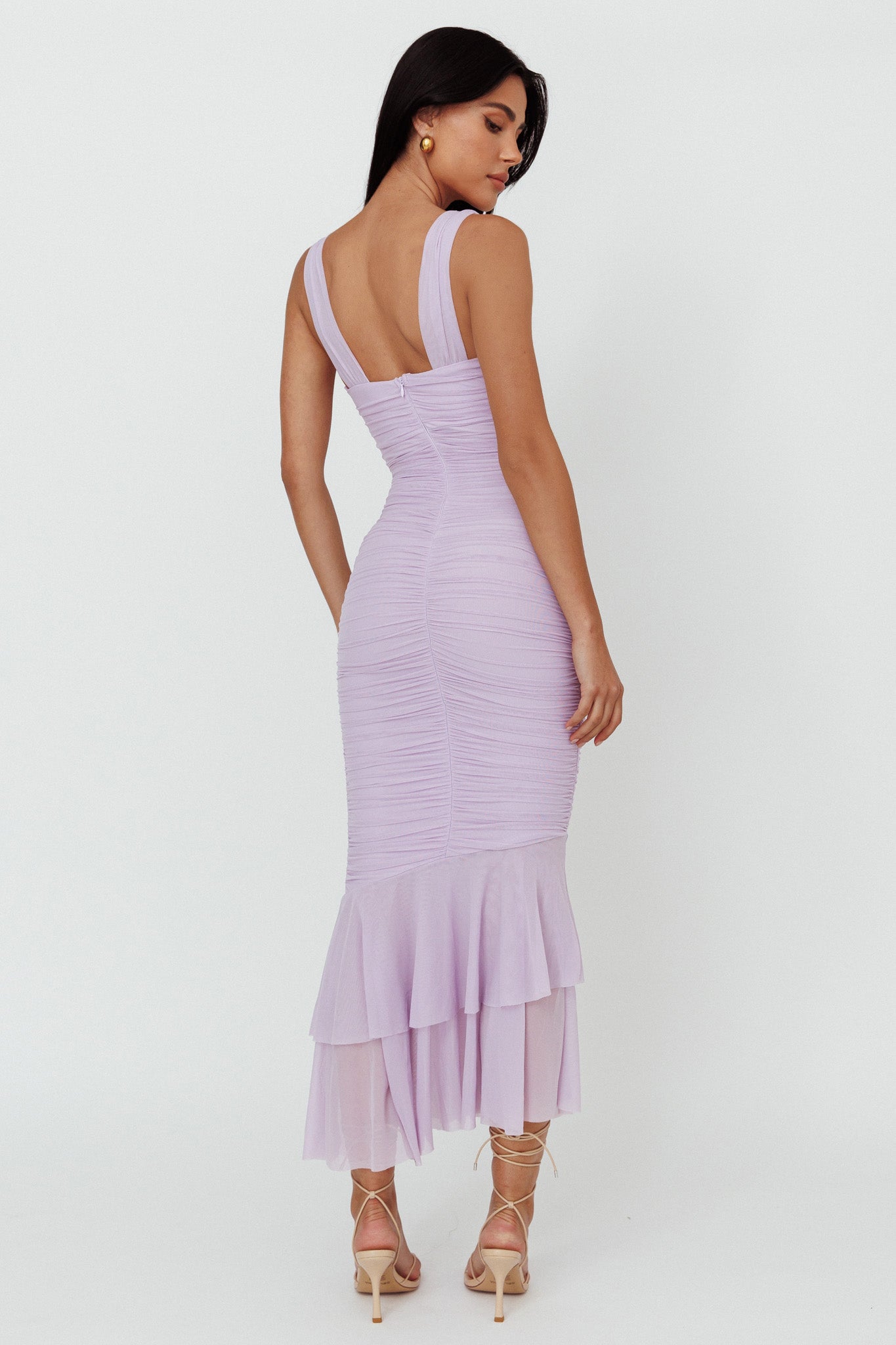 Nadia Ruched Fishtail Maxi Dress Lilac by Selfie Leslie Australia