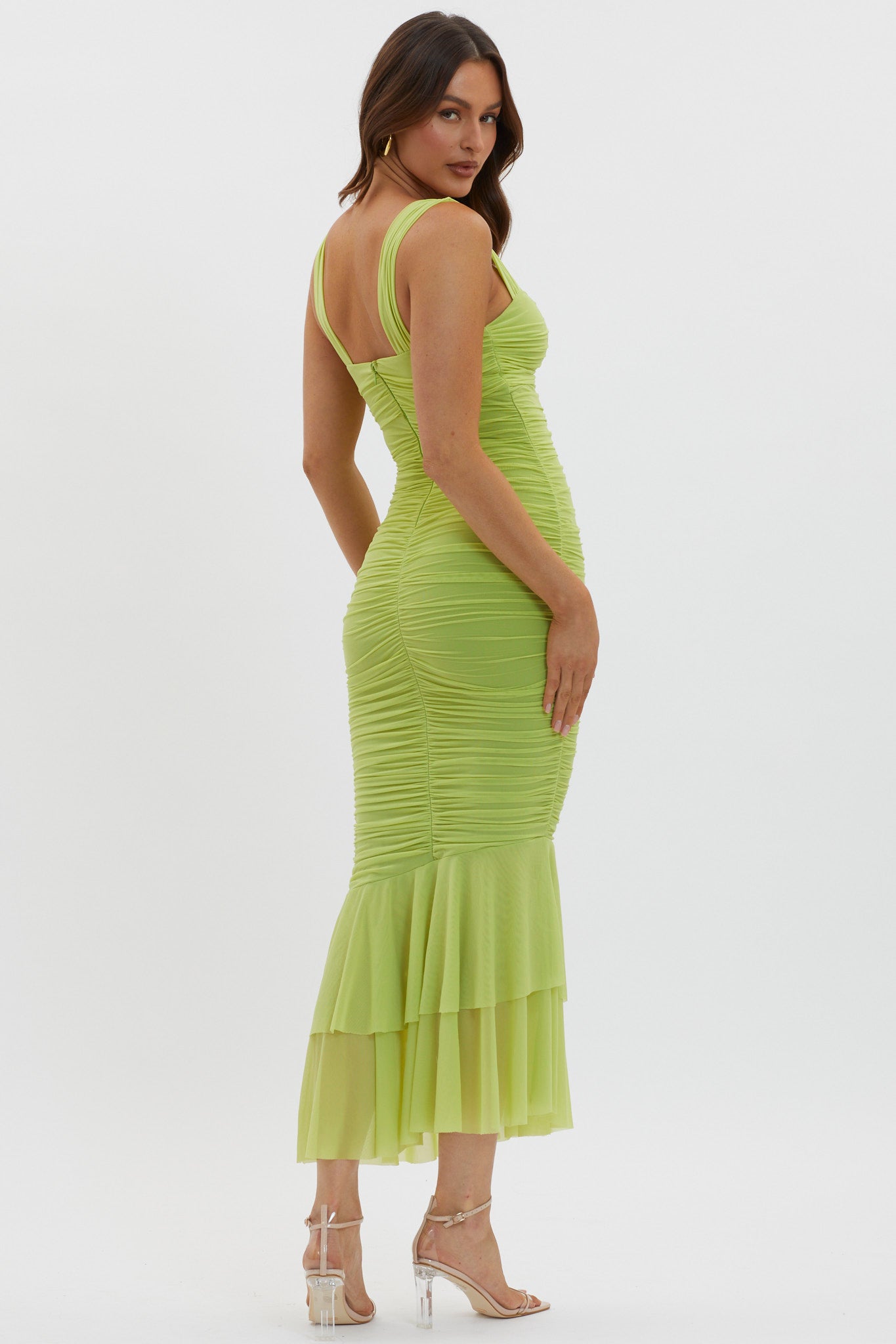Nadia Ruched Fishtail Maxi Dress Lime by Selfie Leslie Australia