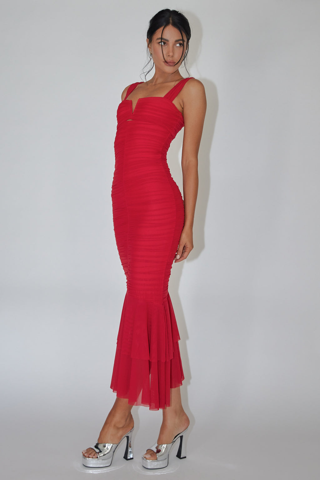Nadia Ruched Fishtail Maxi Dress Red by Selfie Leslie Australia