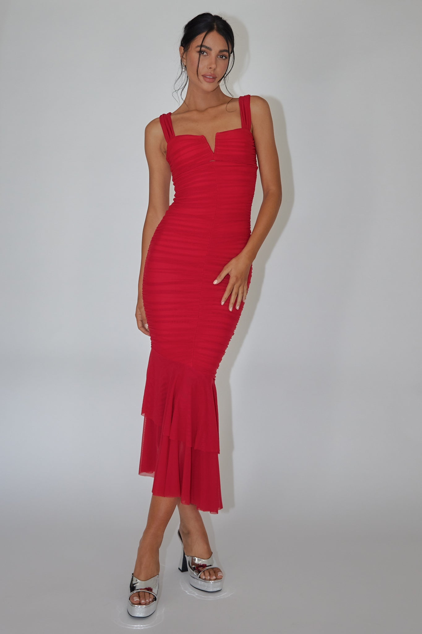Nadia Ruched Fishtail Maxi Dress Red by Selfie Leslie Australia