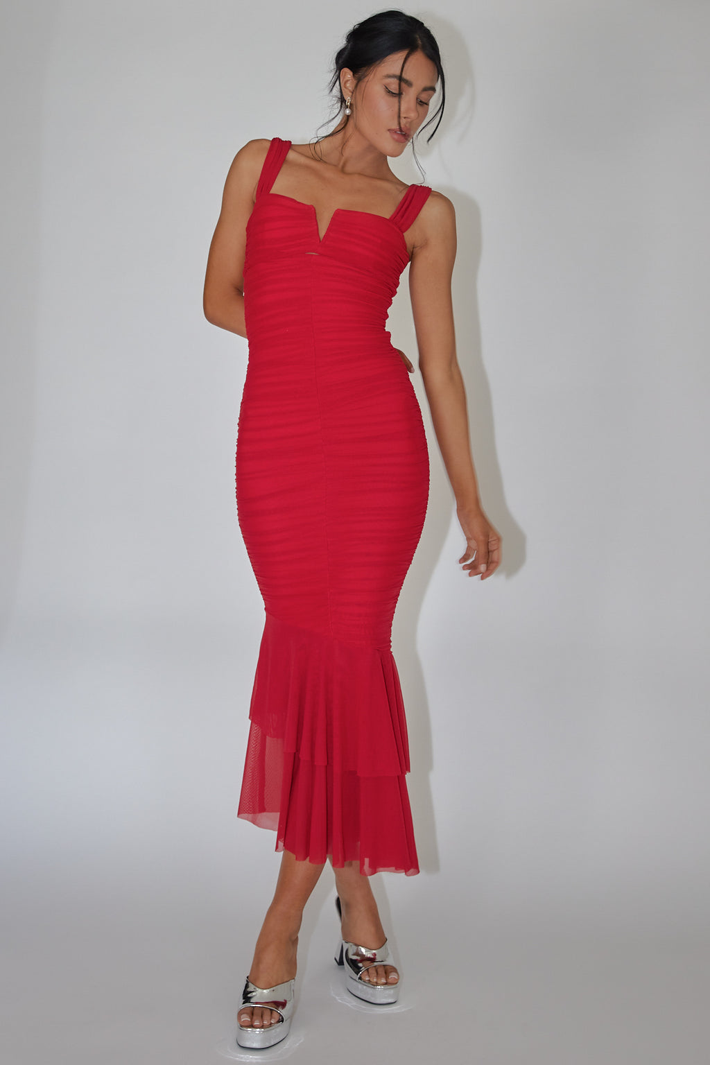 Nadia Ruched Fishtail Maxi Dress Red by Selfie Leslie Australia