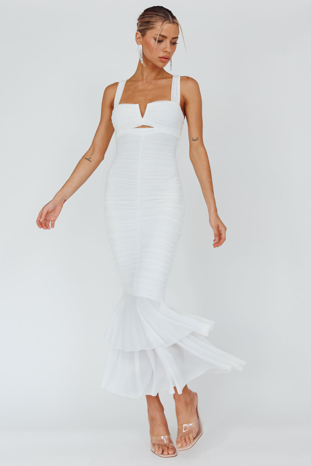 Nadia Ruched Fishtail Maxi Dress White by Selfie Leslie Australia