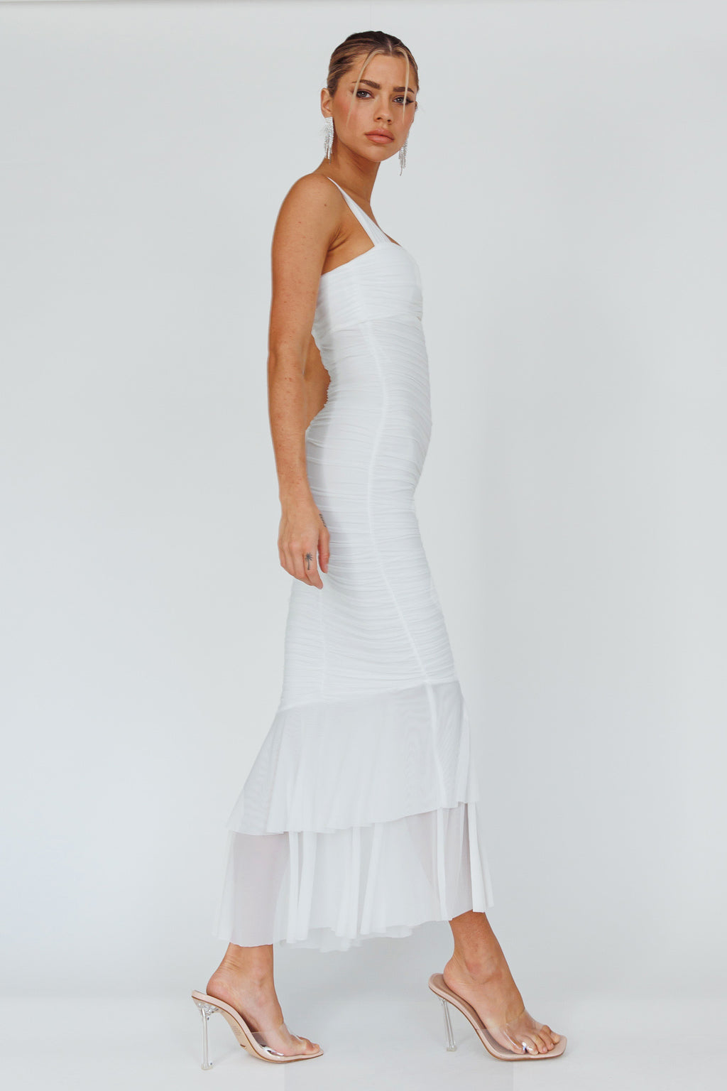 Nadia Ruched Fishtail Maxi Dress White by Selfie Leslie Australia