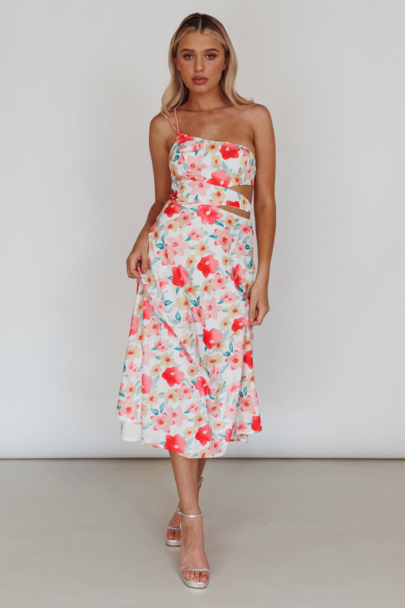 Halia One-Shoulder A-Line Midi Dress Floral Pink by Selfie Leslie Australia