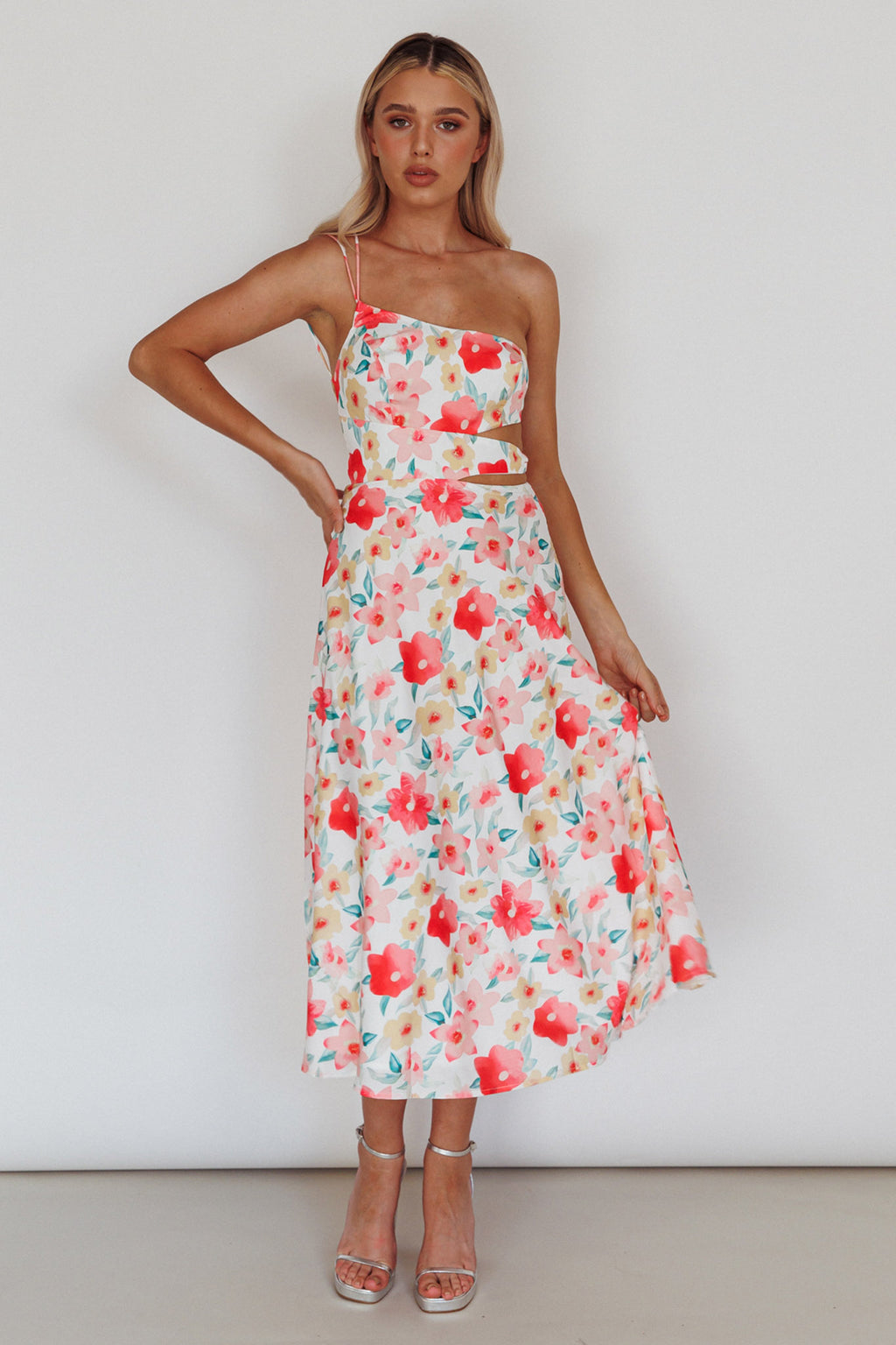 Halia One-Shoulder A-Line Midi Dress Floral Pink by Selfie Leslie Australia