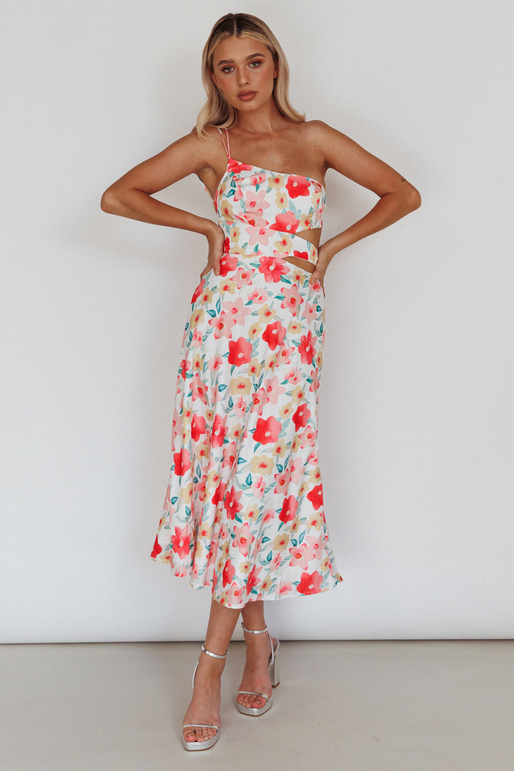 Halia One-Shoulder A-Line Midi Dress Floral Pink