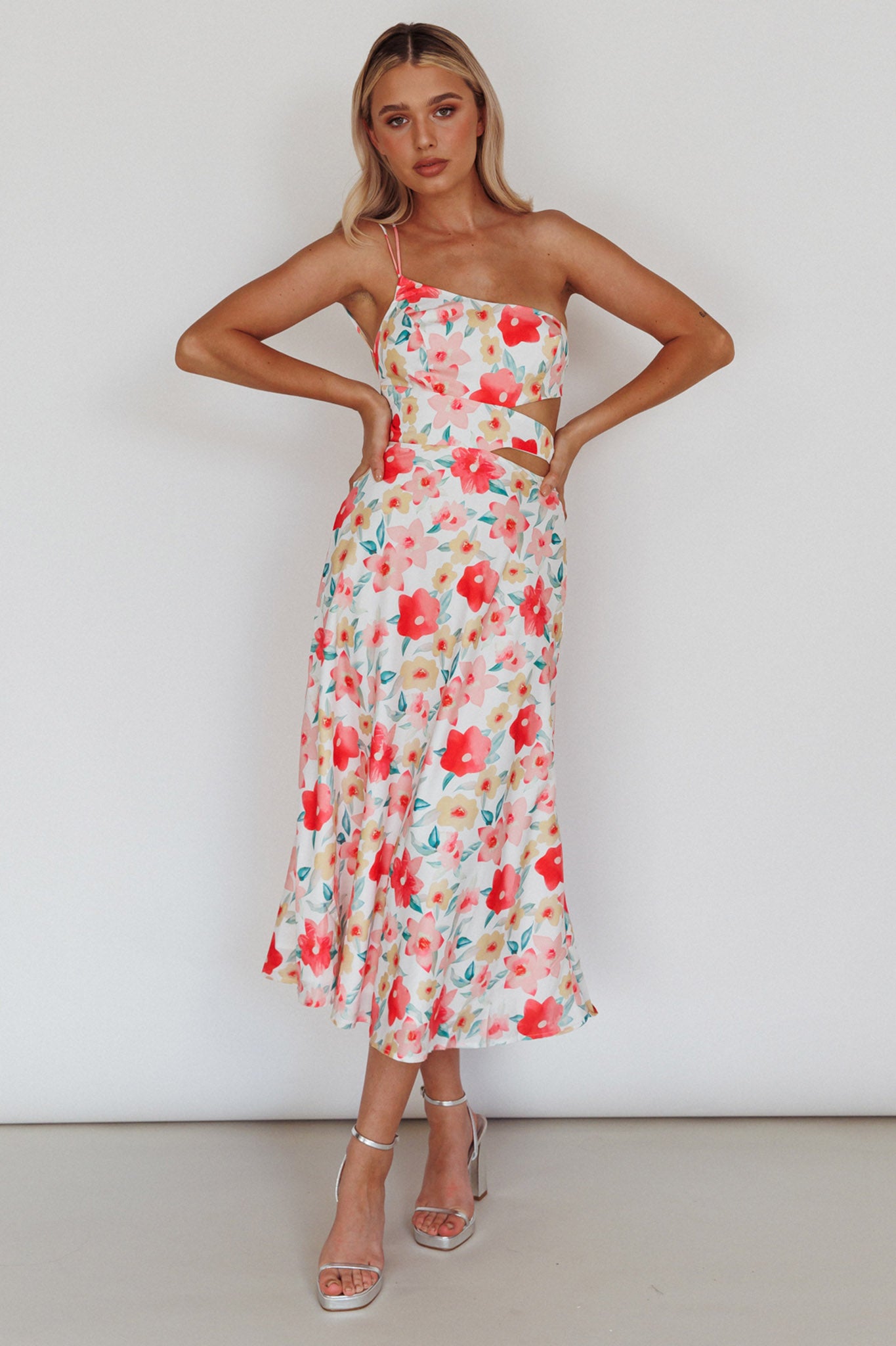 Halia One-Shoulder A-Line Midi Dress Floral Pink by Selfie Leslie Australia